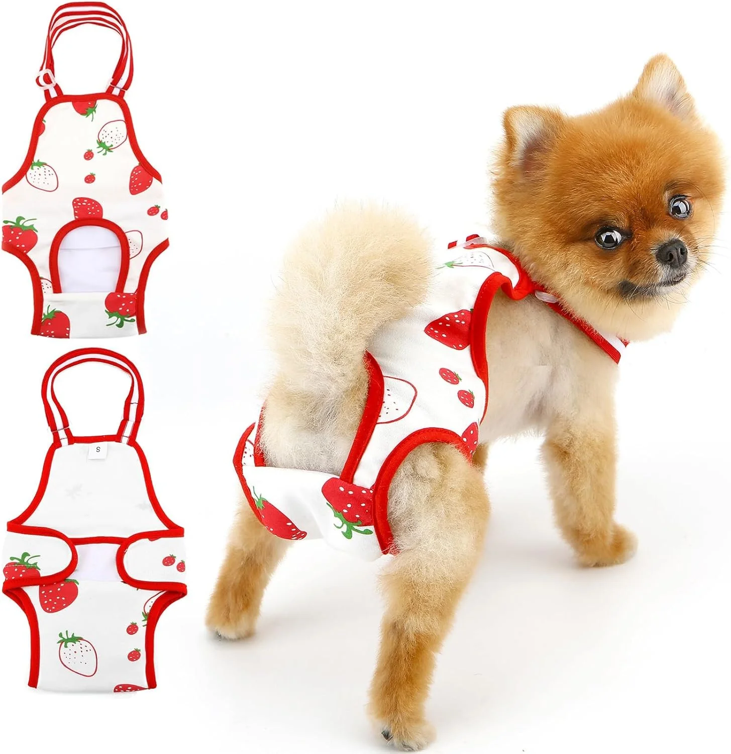 شورت سگ، پوشک سگ قابل شستشو برای سگ های ماده، لباس زیر بهداشتی حیوانات خانگی قابل تنظیم و قابل استفاده مجدد با بند شانه ای، سایز M، توت فرنگی قرمز زیبا