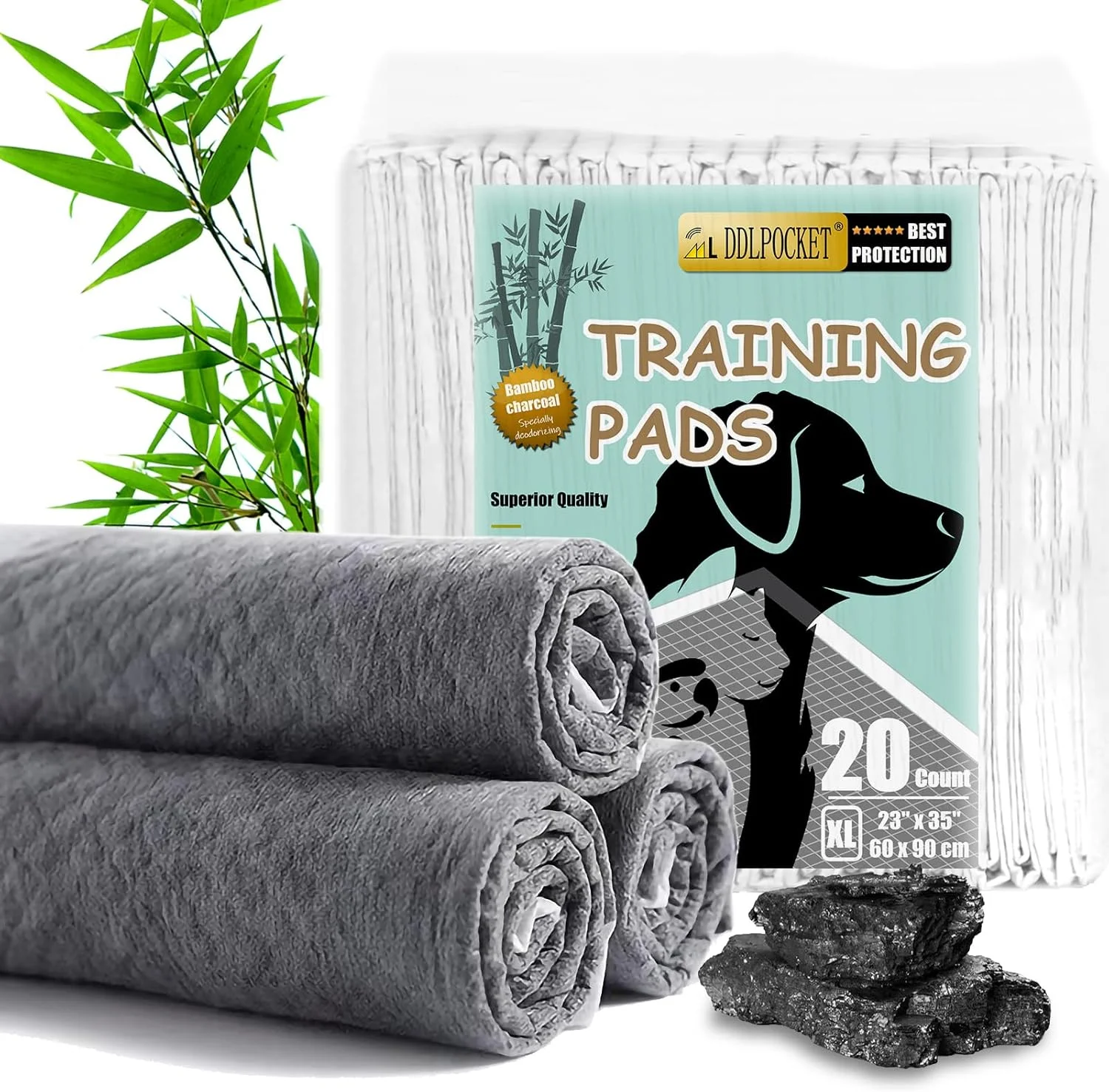 پدهای یکبار مصرف سازگار با محیط زیست DDLPOCKET برای سگ ها و توله سگ ها - پدهای بزرگ ادرار حیوانات خانگی با جذب بیشتر و کنترل بو - ایده آل برای آموزش در خانه (زغال بامبو، XL 60x90، 20 عدد)