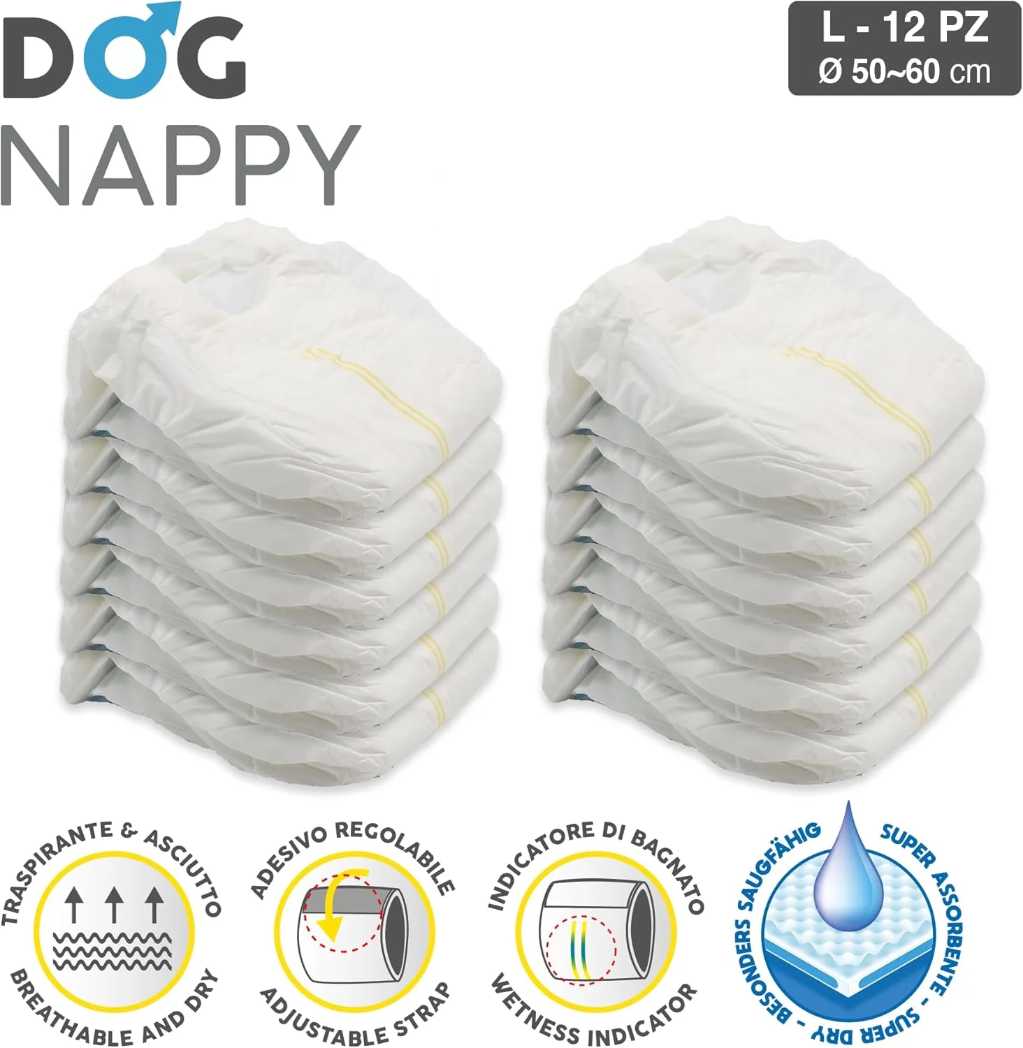 پوشک سگ کروسی - پوشک سگ برای سگ های نر - زیرشلواری سگ برای ادرار - پوشک بهداشتی برای نرها، ضد بو، یکبار مصرف، بسته 12 عددی، سایز L، 50-60 سانتی متر