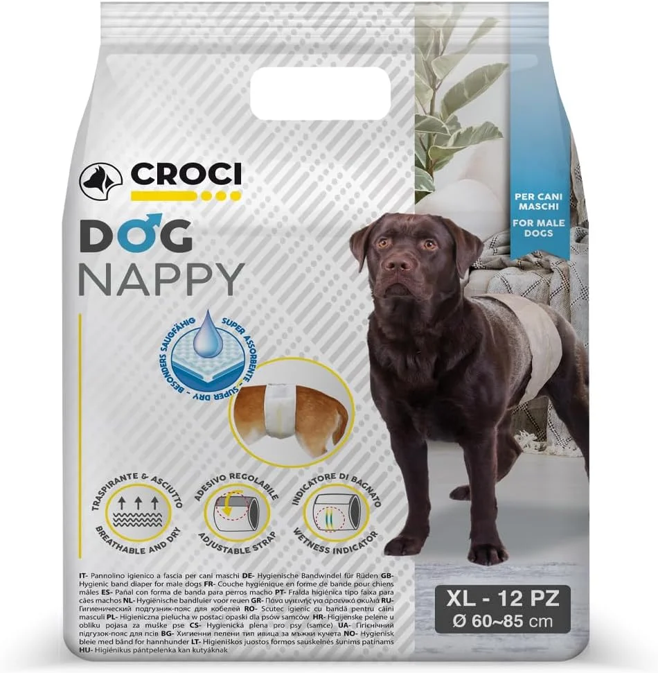 پوشک سگ کروچی - پوشک سگ نر - شورت سگ برای پی پی - پوشک بهداشتی برای سگ های نر، بدون بو، یکبار مصرف، 12 عدد، سایز XL، 60-85 سانتی متر