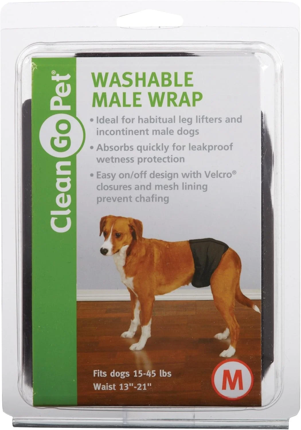 باند دور کمر سگ نر قابل شستشو Clean Go Pet - باندهای قابل استفاده مجدد برای سگ های نر دچار بی اختیاری ادرار - سایز متوسط، مشکی