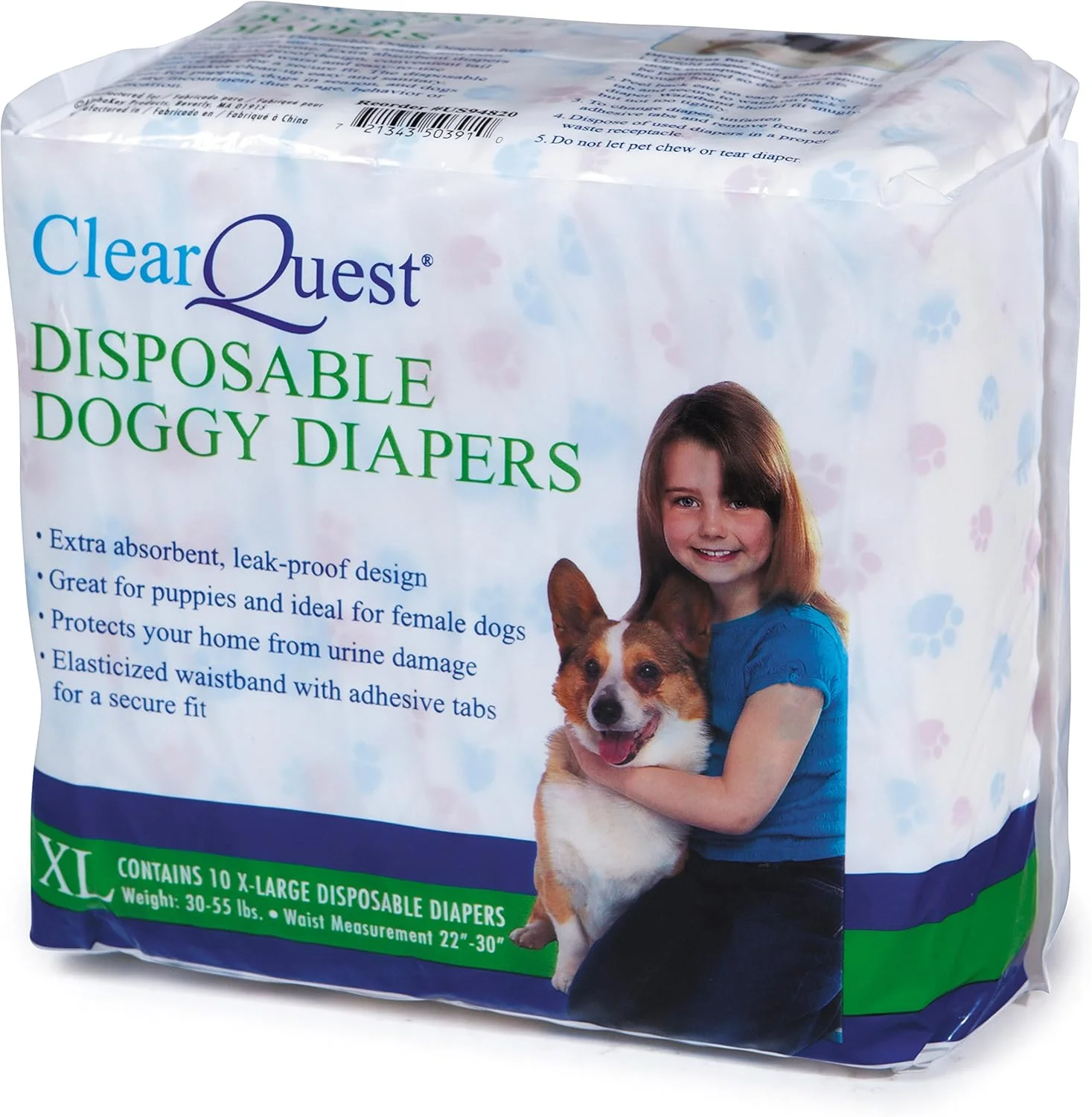 پوشک سگ یکبار مصرف ClearQuest، بسته 10 عددی، ضد نشت، فوق العاده جاذب - خیلی بزرگ