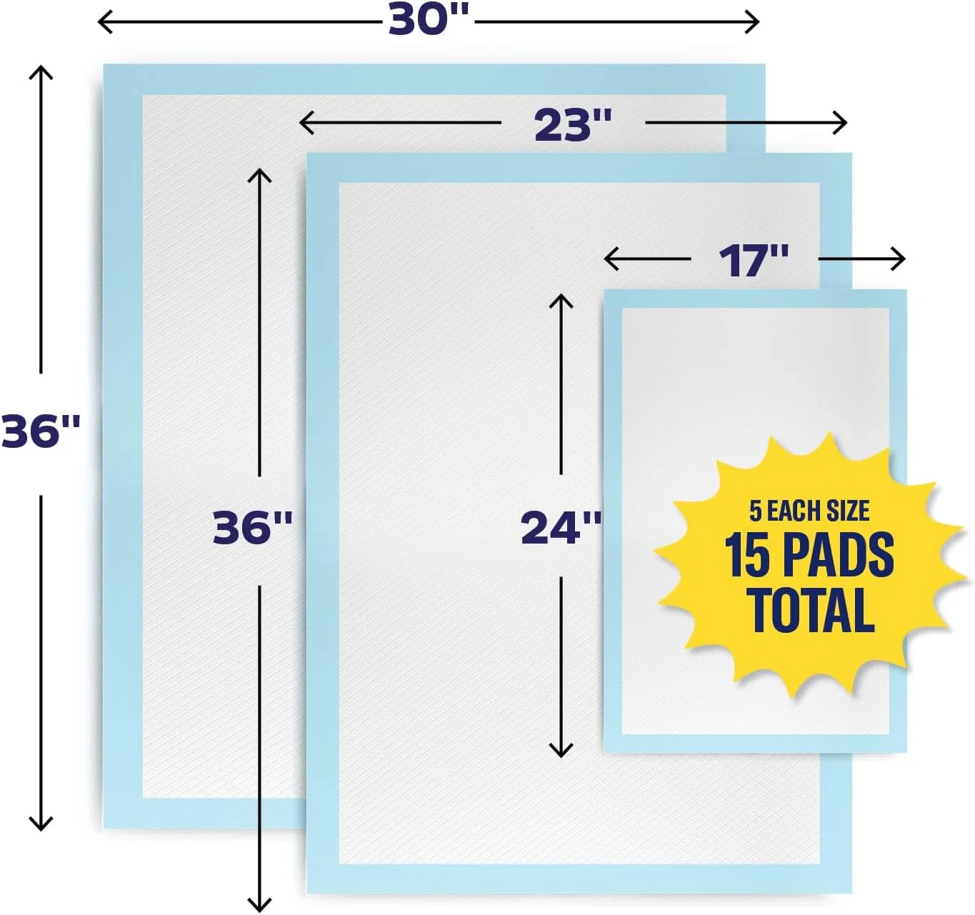 پدهای زیرانداز متنوع - 3 سایز - (43x61 سانتی‌متر، 58x91 سانتی‌متر، 76x91 سانتی‌متر) - 15 عدد زیرانداز یکبار مصرف - پدهای تخت بی‌اختیاری/پدهای آموزش سگ. برای نوزاد، کودک، بزرگسال، سالمند و حیوانات خانگی - قدرت جذب متوسط