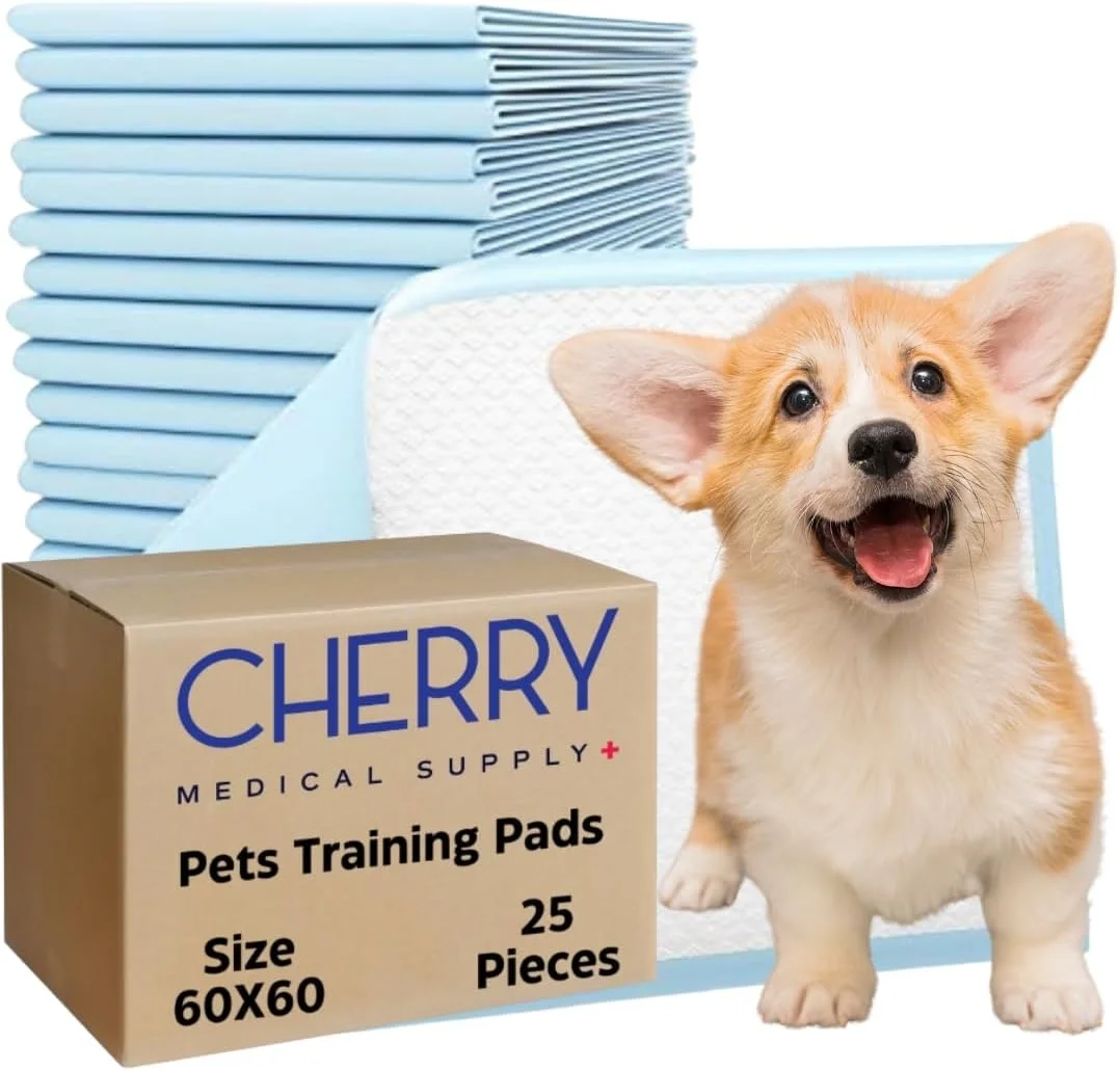 پدهای آموزشی حیوانات خانگی چری مدیکال ساپلای، 25 عددی، 60 در 60 سانتی متر، پدهای فوق جاذب ادرار برای سگ ها، پدهای ضد نشت برای آموزش دستشویی توله سگ ها، گربه ها، خرگوش ها