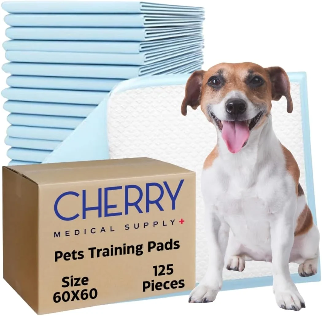 پدهای آموزشی حیوانات خانگی چری مدیکال ساپلای، 125 عددی بسته بندی شده در 5 کیسه، 60 در 60 سانتی متر، پدهای فوق العاده جاذب ادرار برای سگ ها، پدهای ضد نشت برای آموزش دستشویی توله سگ ها، گربه ها، خرگوش ها