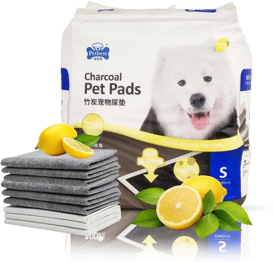 پد آموزشی سگ زغالی بامبو 100 عددی برای استفاده در محیط داخلی، پدهای حیوانات خانگی 5 لایه فوق العاده جاذب با طراحی ضد نشت و خشک شونده سریع، مقاوم در برابر پارگی و رایحه لیمو، ایده آل برای نژادهای کوچک، 45 سانتی متر (مشکی)