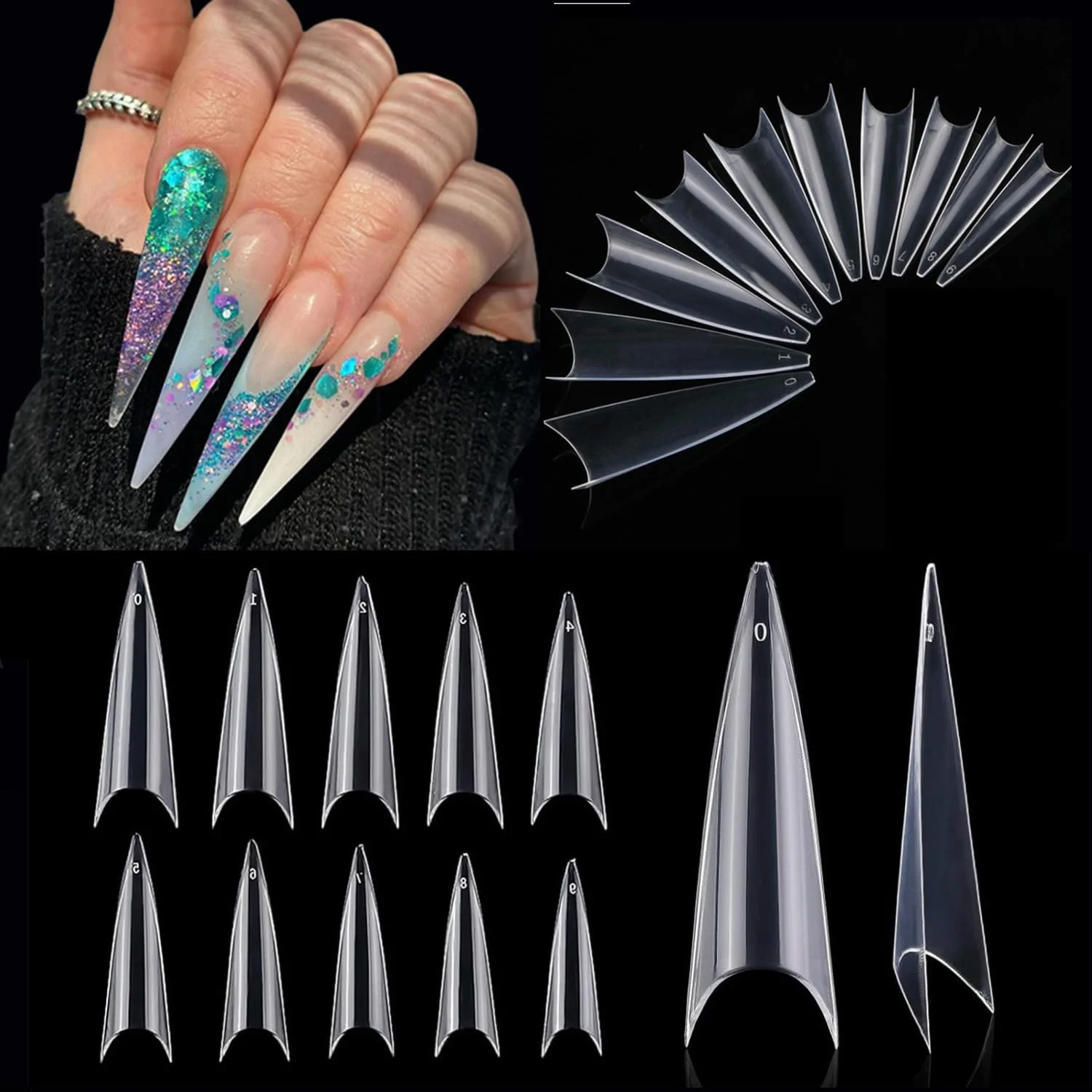 تیپ ناخن استیلتو - 500 عدد ناخن مصنوعی پوشش نیمه با 10 سایز، اکستنشن ناخن اکریلیک شفاف برای طراحی های ظریف فرانسوی، لوازم طراحی ناخن و مانیکور