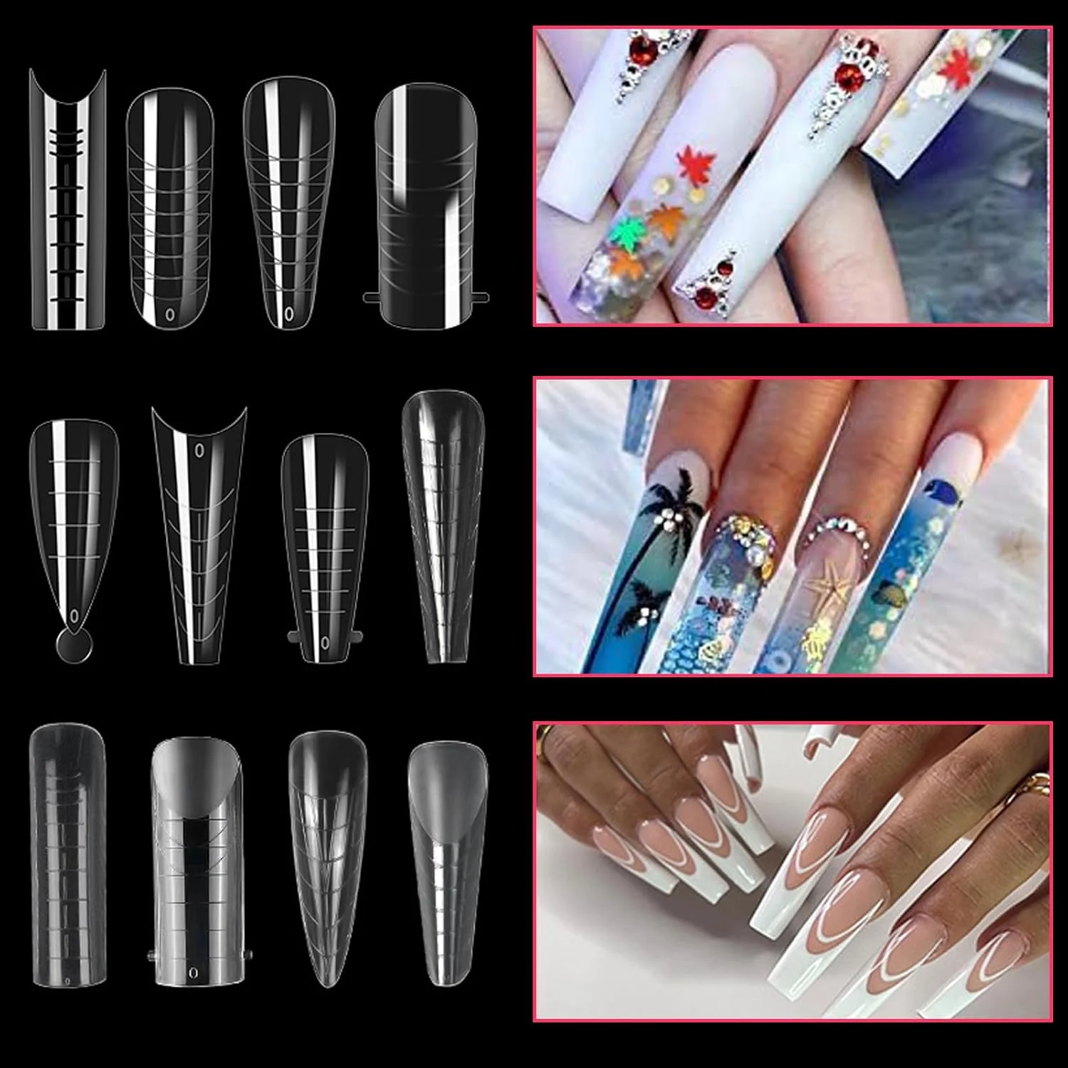 288 عدد قالب ناخن در 12 نوع مختلف، فرم دهنده، قالب اکستنشن، پوشش کامل، ابزار مانیکور و لوازم جانبی