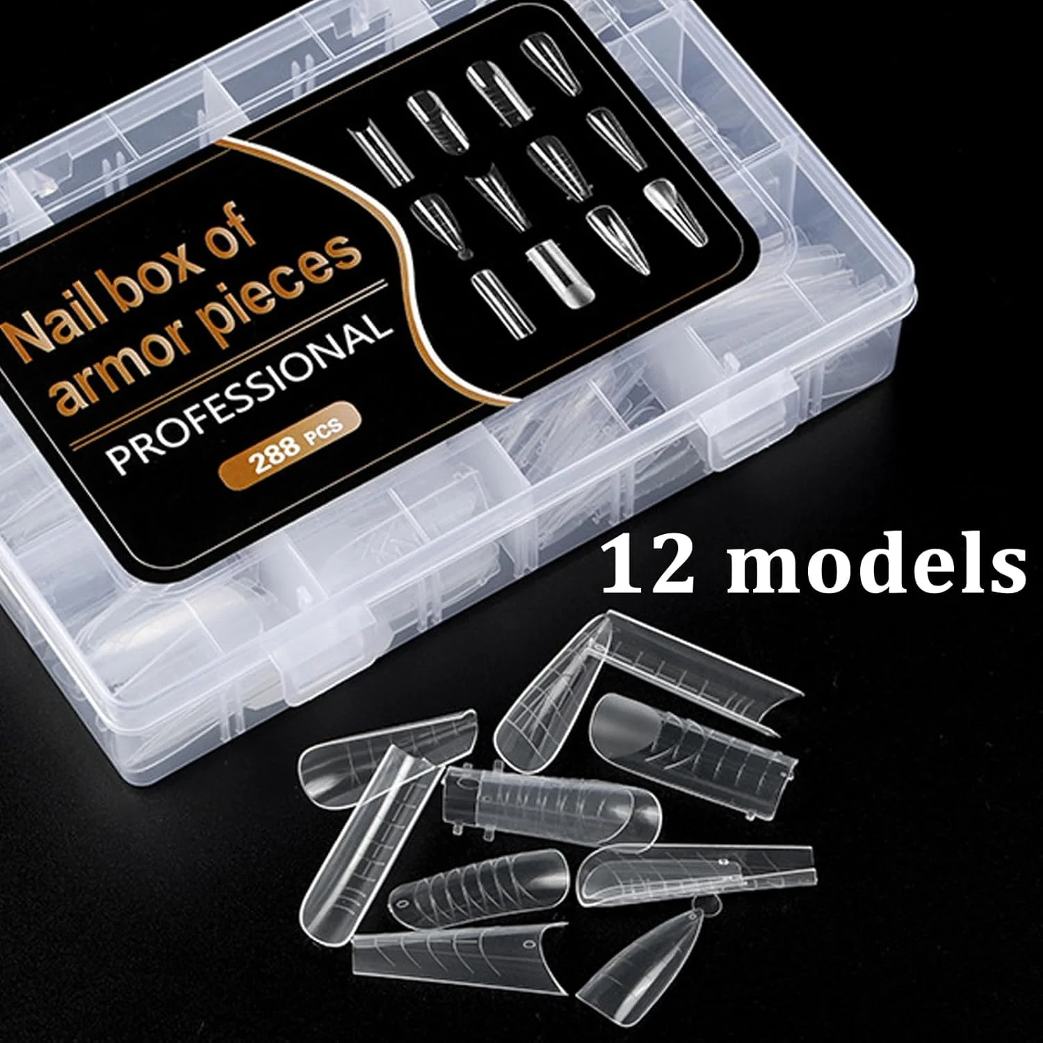 288 عدد قالب ناخن در 12 نوع مختلف، فرم دهنده، قالب اکستنشن، پوشش کامل، ابزار مانیکور و لوازم جانبی