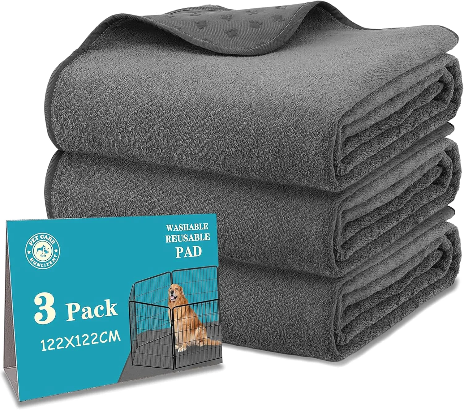 پدهای ادرار شوی سگ 122x122 سانتی متر، بسته 3 عددی زیرانداز بزرگ قابل استفاده مجدد سگ با خشک شدن سریع، زیرانداز حیوانات خانگی با جذب سریع، زیرانداز بازی توله سگ برای بی اختیاری، آموزش دستشویی، باکس، خاکستری