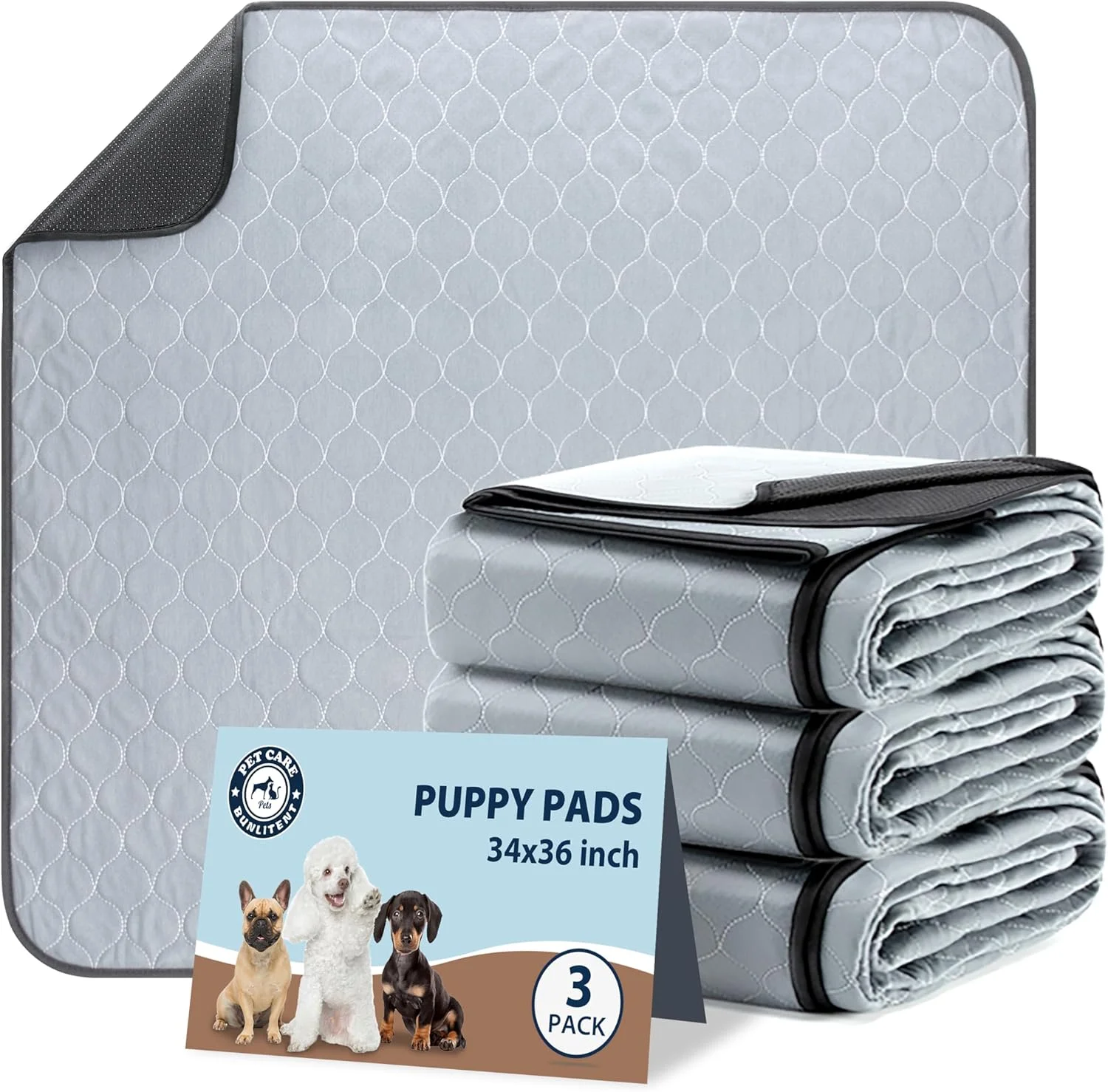 پدهای ادرار شوی سگ Bunlitent، 86x91 سانتی متر، پدهای توله سگ قابل استفاده مجدد با جذب سریع، پدهای ادرار ضد آب قابل استفاده مجدد برای زایمان، آموزش، بی اختیاری و دستشویی، بسته 3 عددی، خاکستری.