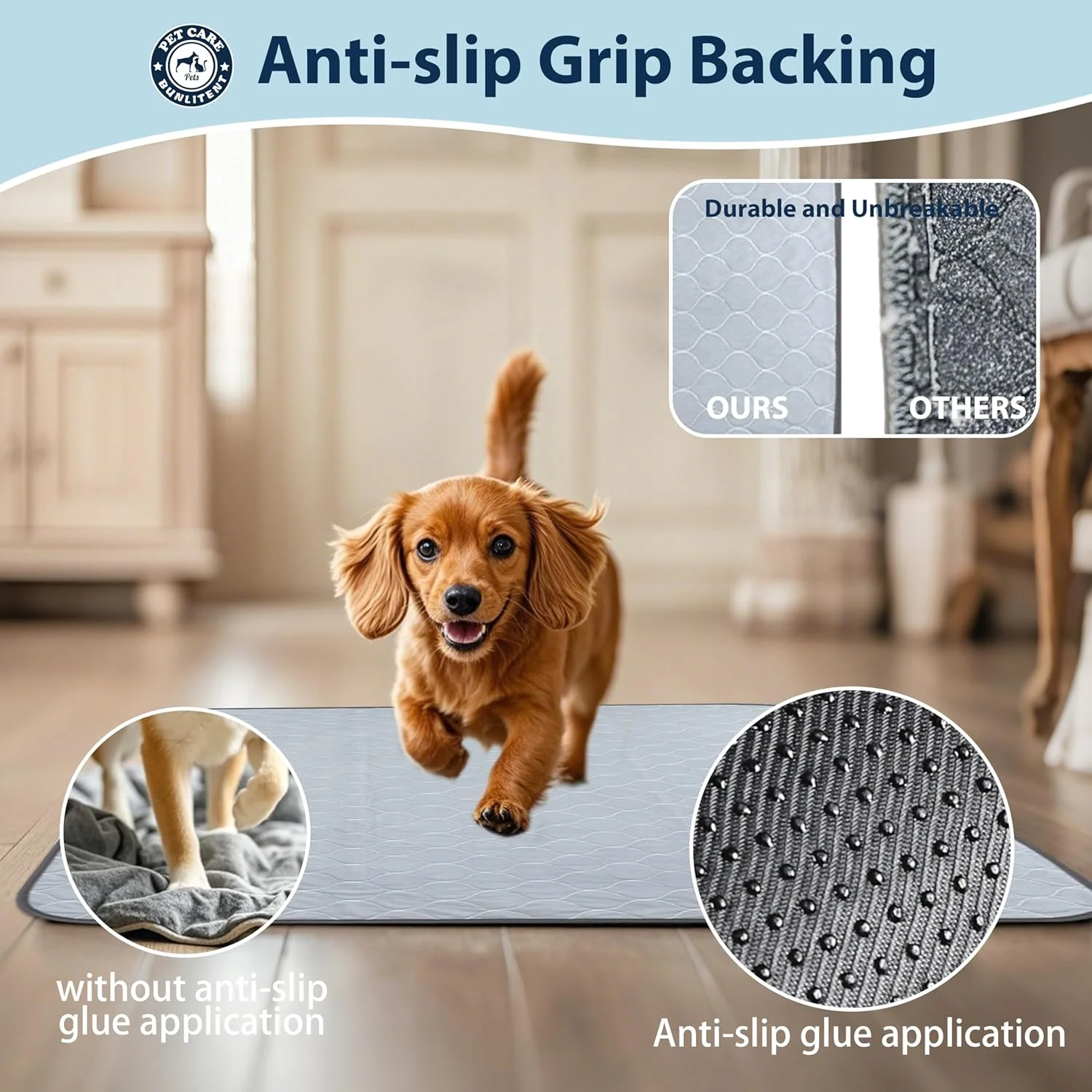 پدهای ادرار شوی سگ Bunlitent، 86x91 سانتی متر، پدهای توله سگ قابل استفاده مجدد با جذب سریع، پدهای ادرار ضد آب قابل استفاده مجدد برای زایمان، آموزش، بی اختیاری و دستشویی، بسته 3 عددی، خاکستری.