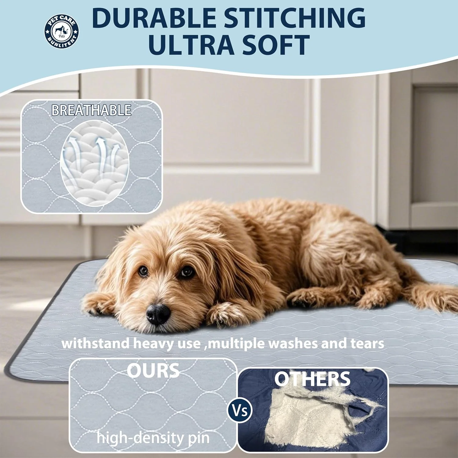 پدهای ادرار شوی سگ Bunlitent، 86x91 سانتی متر، پدهای توله سگ قابل استفاده مجدد با جذب سریع، پدهای ادرار ضد آب قابل استفاده مجدد برای زایمان، آموزش، بی اختیاری و دستشویی، بسته 3 عددی، خاکستری.