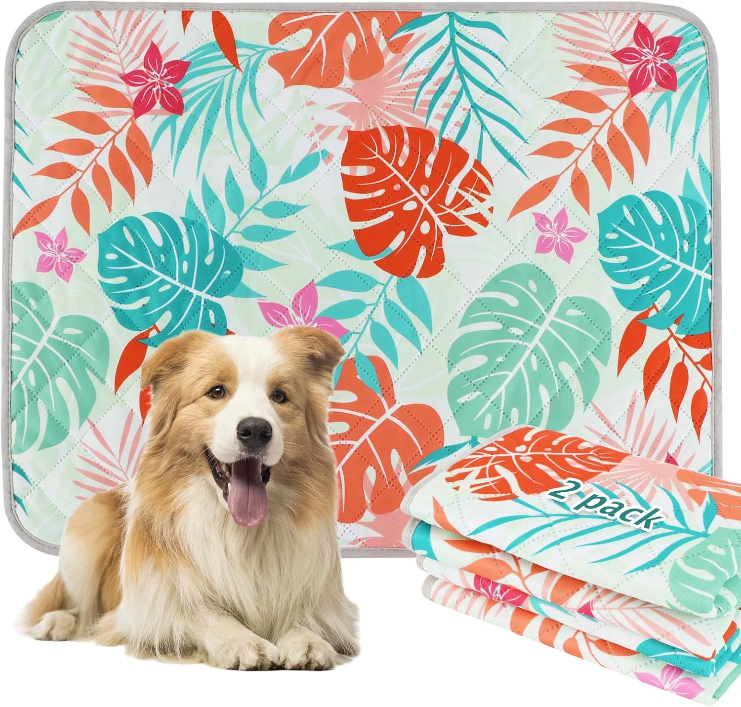 پدهای ادرار شوی سگ BVAGSS، بسته 2 عددی پدهای ادرار توله سگ قابل استفاده مجدد و ضد نشت، پدهای آموزش حیوانات خانگی ضد آب و ضد لغزش، پدهای زایمان فوق العاده جاذب XH081 (برگ های نخل سبز، 91x122 سانتی متر)