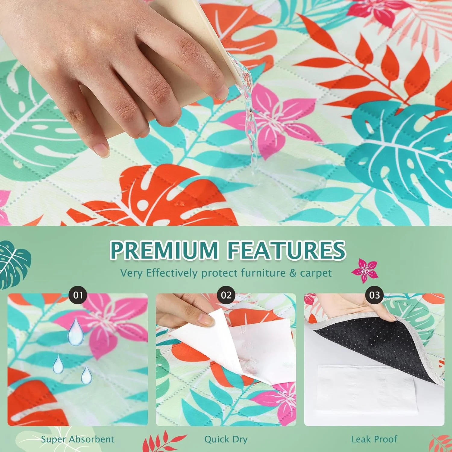 پدهای ادرار شوی سگ BVAGSS، بسته 2 عددی پدهای ادرار توله سگ قابل استفاده مجدد و ضد نشت، پدهای آموزش حیوانات خانگی ضد آب و ضد لغزش، پدهای زایمان فوق العاده جاذب XH081 (برگ های نخل سبز، 91x122 سانتی متر)