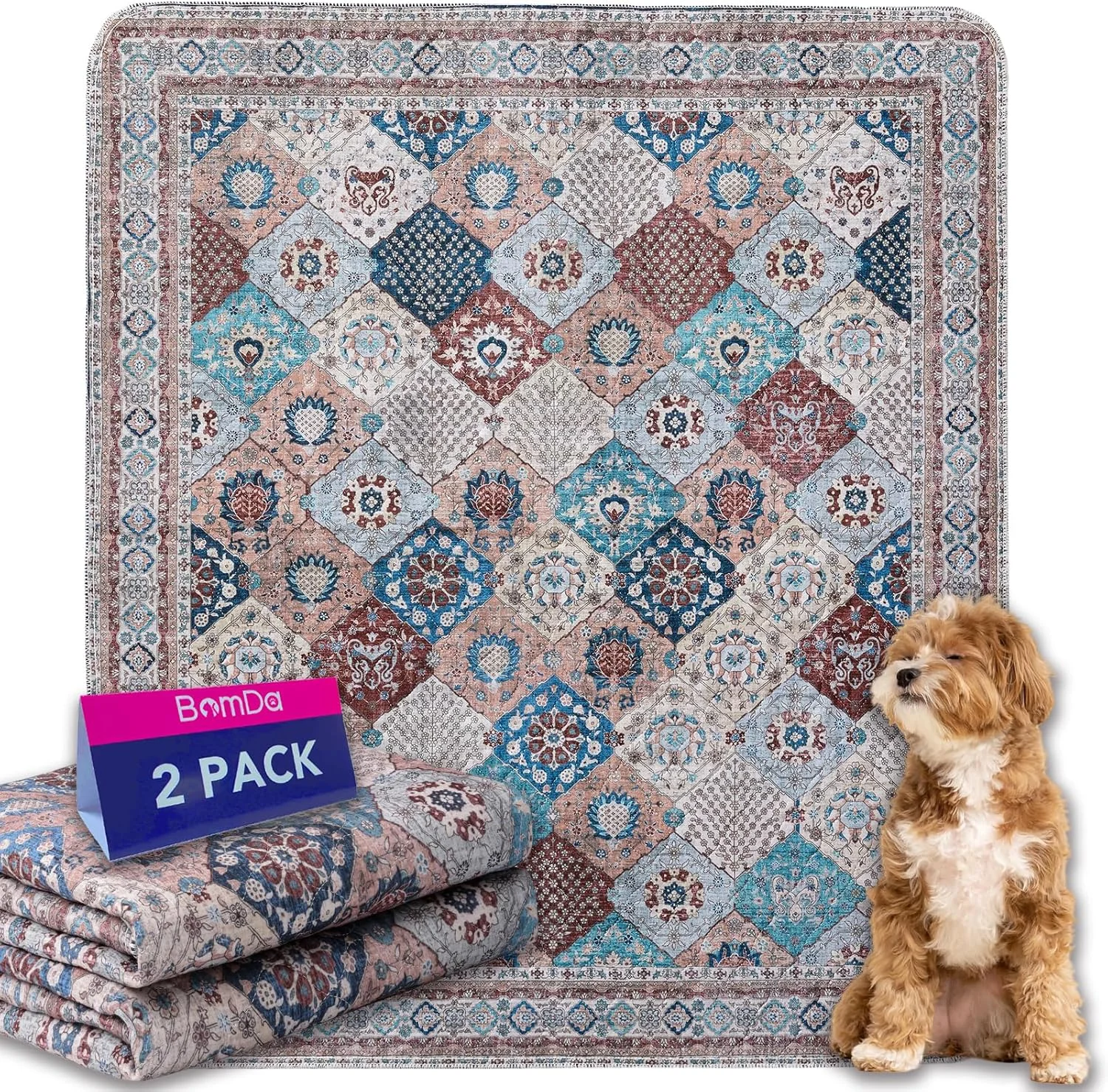 پدهای ادرار قابل شستشو BomDa برای سگ ها، بسته 2 عددی، پدهای آموزشی غیر لغزنده و قابل استفاده مجدد 91x104 سانتی متر، فوق العاده جاذب و ضد آب، محافظت در برابر نشت ادرار، نرم و سریع خشک شونده