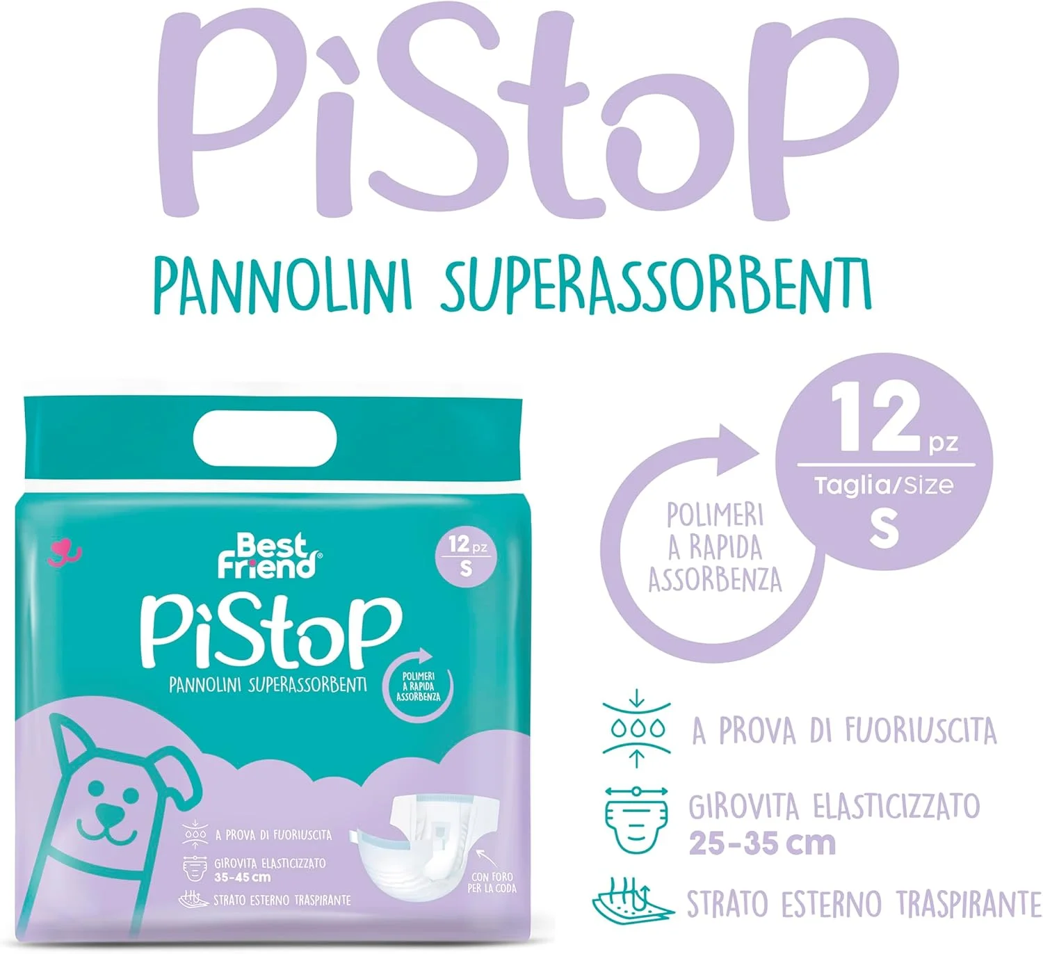 بهترین دوست - پوشک یکبار مصرف سگ PìStop. شلوارهای یکبار مصرف با پلیمرهای فوق جاذب. تناسب و استحکام عالی با بست چسبی | سایز S، دور کمر 35-45 سانتی متر. بسته 12 عددی