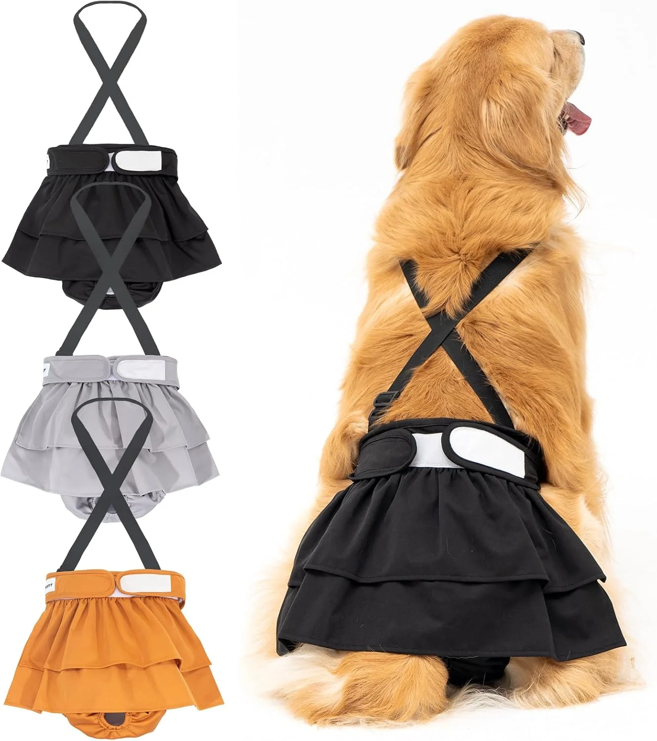 ست ۳ عددی پوشک سگ قابل شستشو Avont برای سگ ماده با بند شانه ای، لباس پوشک سگ دخترانه قابل استفاده مجدد برای دوران قاعدگی، بی اختیاری ادرار - سایز S مشکی/قهوه ای/خاکستری