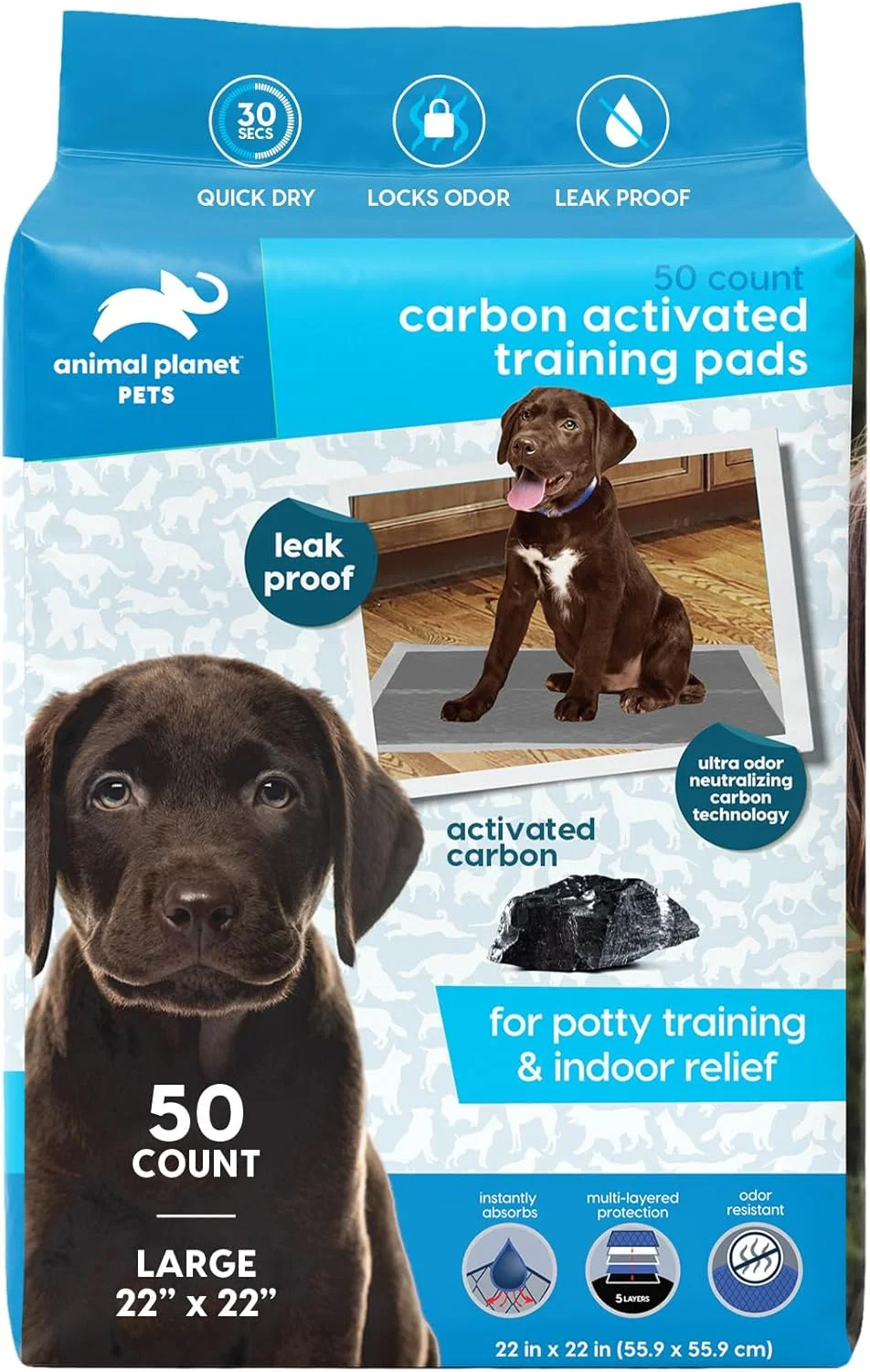 پدهای ذغالی مخصوص سگ Animal Planet Pets | پدهای جاذب ادرار سگ - خشک شدن سریع، ضد نشت، خنثی کننده بو با کربن فعال | بزرگ 55.88 x 55.88 سانتی متر - 50 عدد