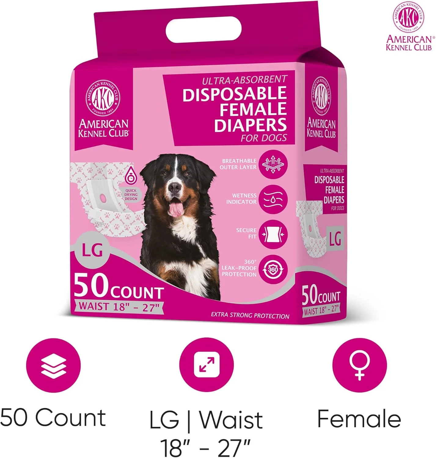 پوشک سگ ماده امریکن کنل کلاب، یکبار مصرف با نشانگر رطوبت، بزرگ، 50 عدد