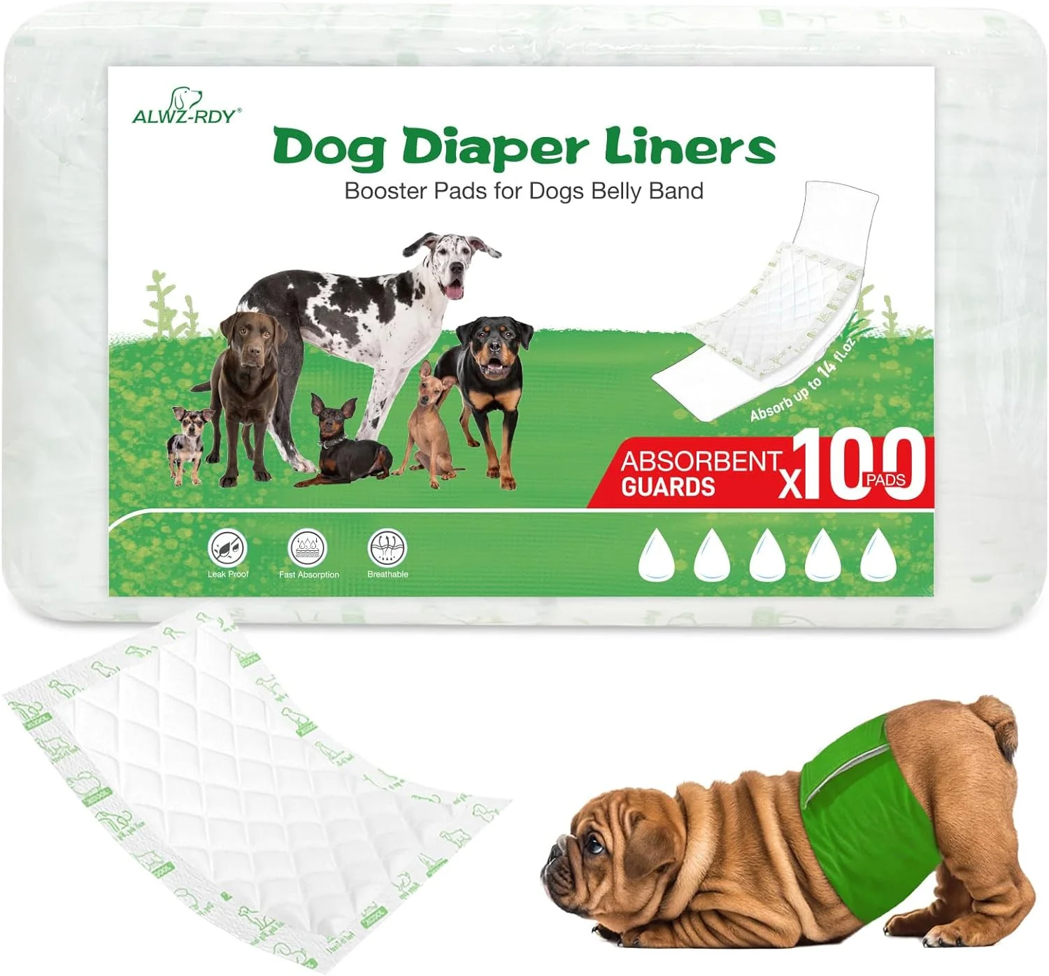 پدهای تقویت کننده پوشک سگ ALWZ-RDY، بسته 100 عددی، جذب فوق العاده، یکبار مصرف، ضد نشت، مناسب برای سگ های ماده و نر، قابل استفاده مجدد در اکثر نوارهای شکمی حیوانات خانگی، پوشک ها و پوشک های دوران قاعدگی (سایز معمولی، بسته 100 عددی)