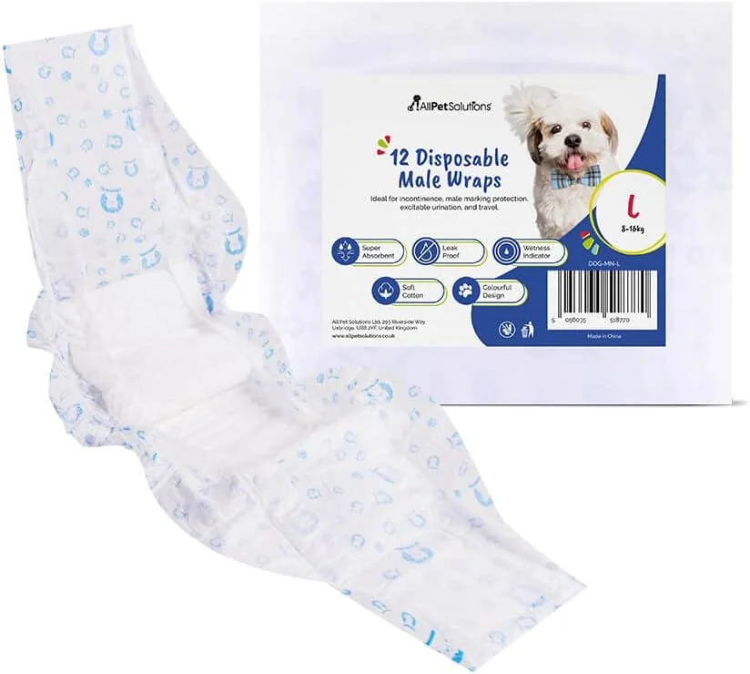 پوشک یکبار مصرف سگ نر AllPetSolutions - استفاده آسان و نرم، مناسب برای سگ های دارای بی اختیاری ادرار - فوق العاده جاذب، بدون نشتی - لوازم حیوانات خانگی برای مسافرت - بسته 12 عددی، سایز: 8-16 کیلوگرم