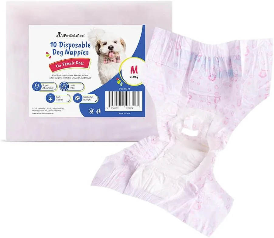 پوشک سگ یکبار مصرف AllPetSolutions مخصوص سگ ماده | 10 عدد پوشک فوق العاده جاذب | پوشک راحت برای سگ های ماده در دوران فحلی یا بی اختیاری ادرار | ضد نشت | متوسط - برای سگ های بین 7-16 کیلوگرم