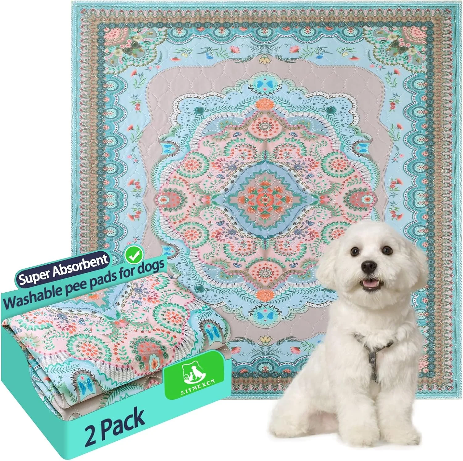 پدهای ادرارشوئی سگ Aitmexcn، بسته 2 عددی 86x91 سانتی متر، پدهای آموزشی قابل استفاده مجدد برای توله سگ، فوق العاده جاذب، 100٪ ضد آب، مناسب برای زایمان، آموزش دستشویی، بی اختیاری، برای پارک بازی