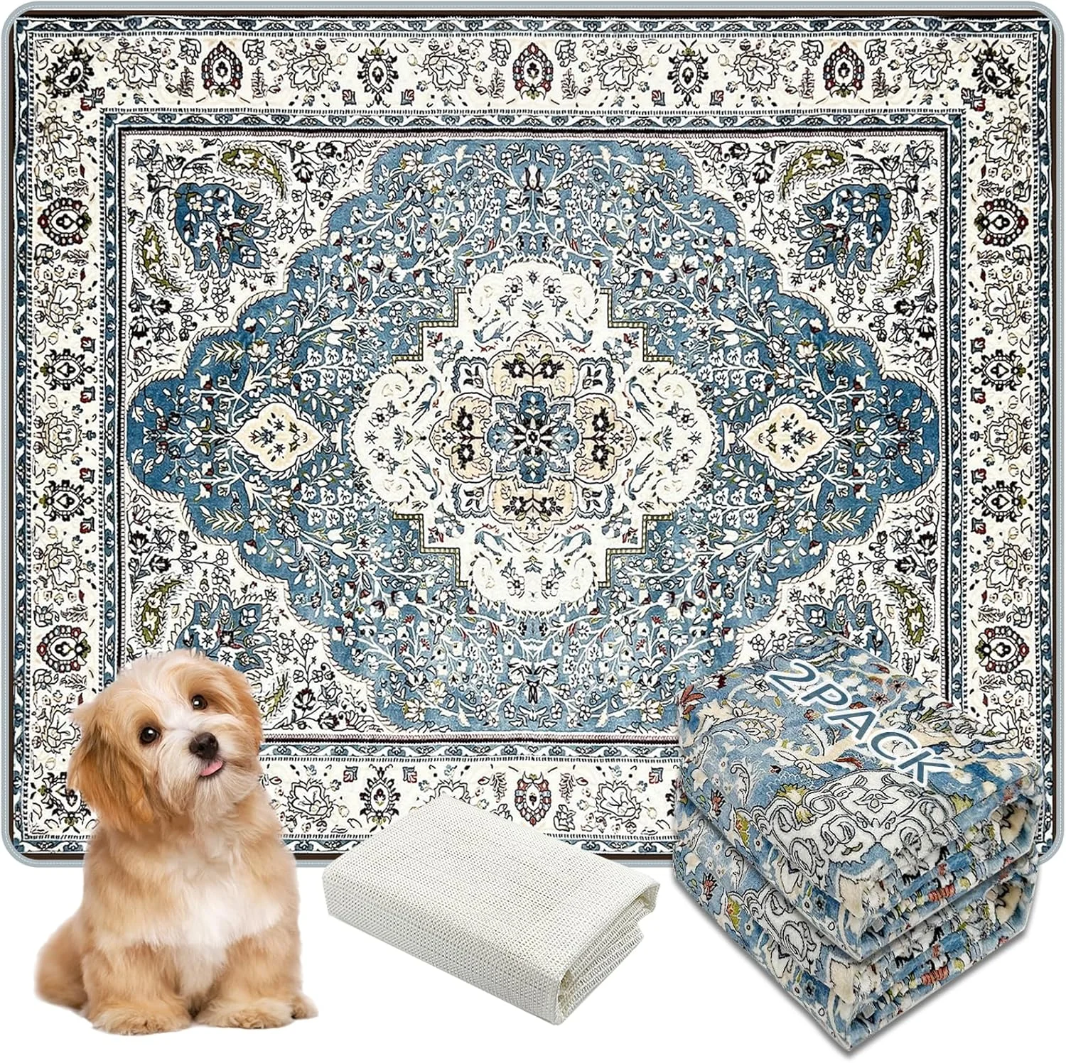 پد ادرار قابل شستشو حیوانات خانگی AIHSUMC، (بسته 2 عددی، 91x107 سانتی متر)، پدهای توله سگ قابل استفاده مجدد با پد فرش ضد لغزش، فوق العاده جاذب، پدهای آموزشی سگ ضد نشت (آبی-1)