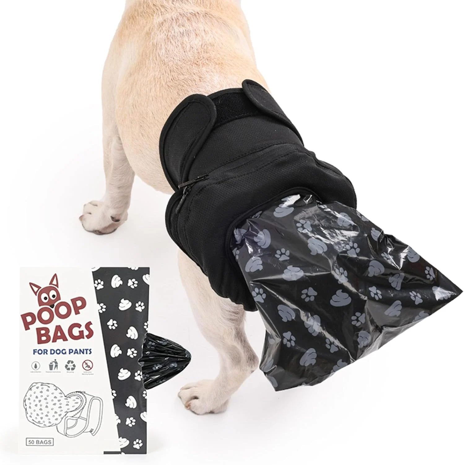 شلوار جمع آوری مدفوع سگ قابل استفاده مجدد به همراه 50 عدد کیسه مدفوع سگ، شلوار بهداشتی سگ قابل تنظیم برای بی اختیاری و پیاده روی در فضای باز، شلوار راحت جمع آوری مدفوع سگ برای سگ های مسن و دارای معلولیت سایز XS