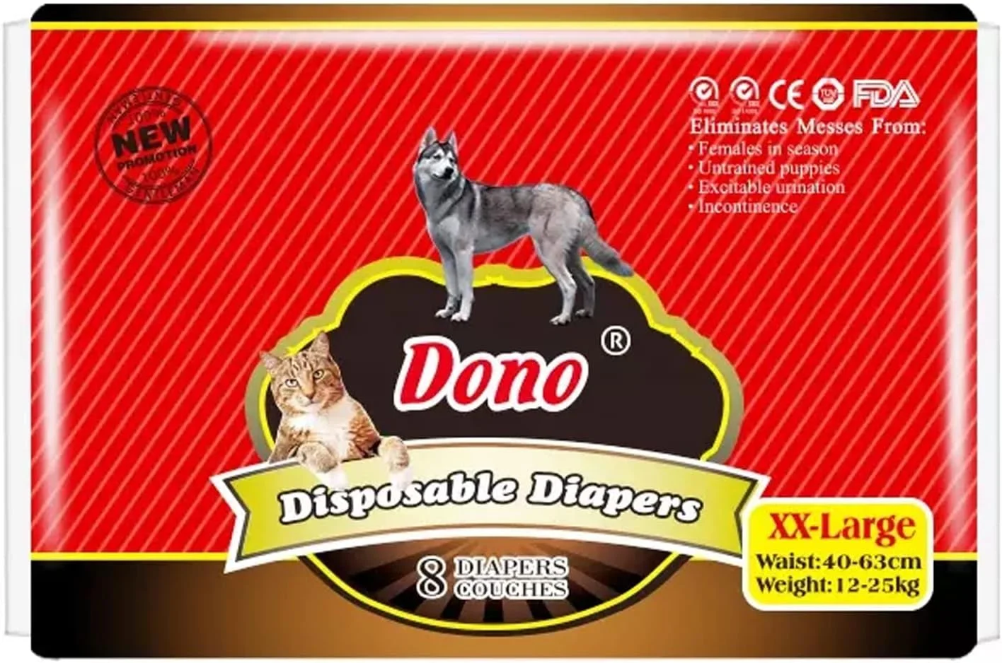 پوشک سگ بسیار جاذب DONO، پوشک یکبار مصرف توله سگ برای سگ ماده، 8 عدد (XXL)