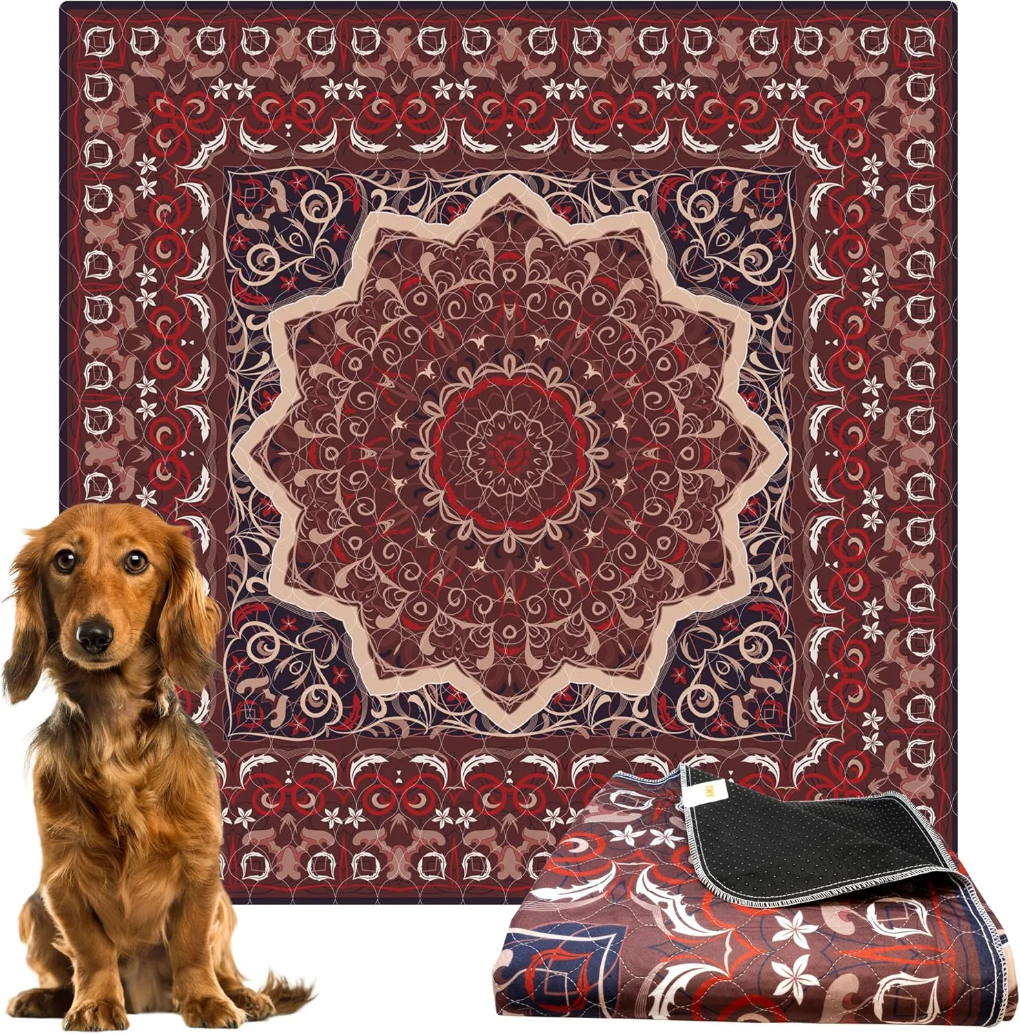 پد ادرار قابل شستشو برای سگ، پد آموزشی جاذب و ضد نشت برای توله سگ، ضد لغزش برای کف، قفس، مبل، طرح فرش ایرانی شرقی (قهوه ای، 183x183 سانتی متر)