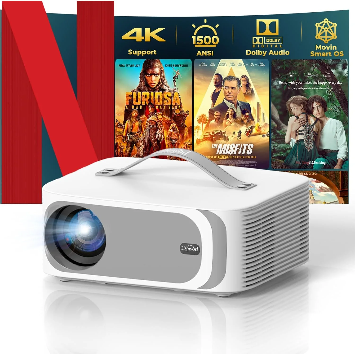 پروژکتور [سیستم هوش مصنوعی Movin 2.0 / 1200 ANSI / فوکوس خودکار] با WiFi و بلوتوث، پروژکتور فضای باز 30W DoIby Audio APPS داخلی، Lisowod 1080P هوشمند قابل حمل 4K Proyector با HDR10+ ارتقا یافته 2025