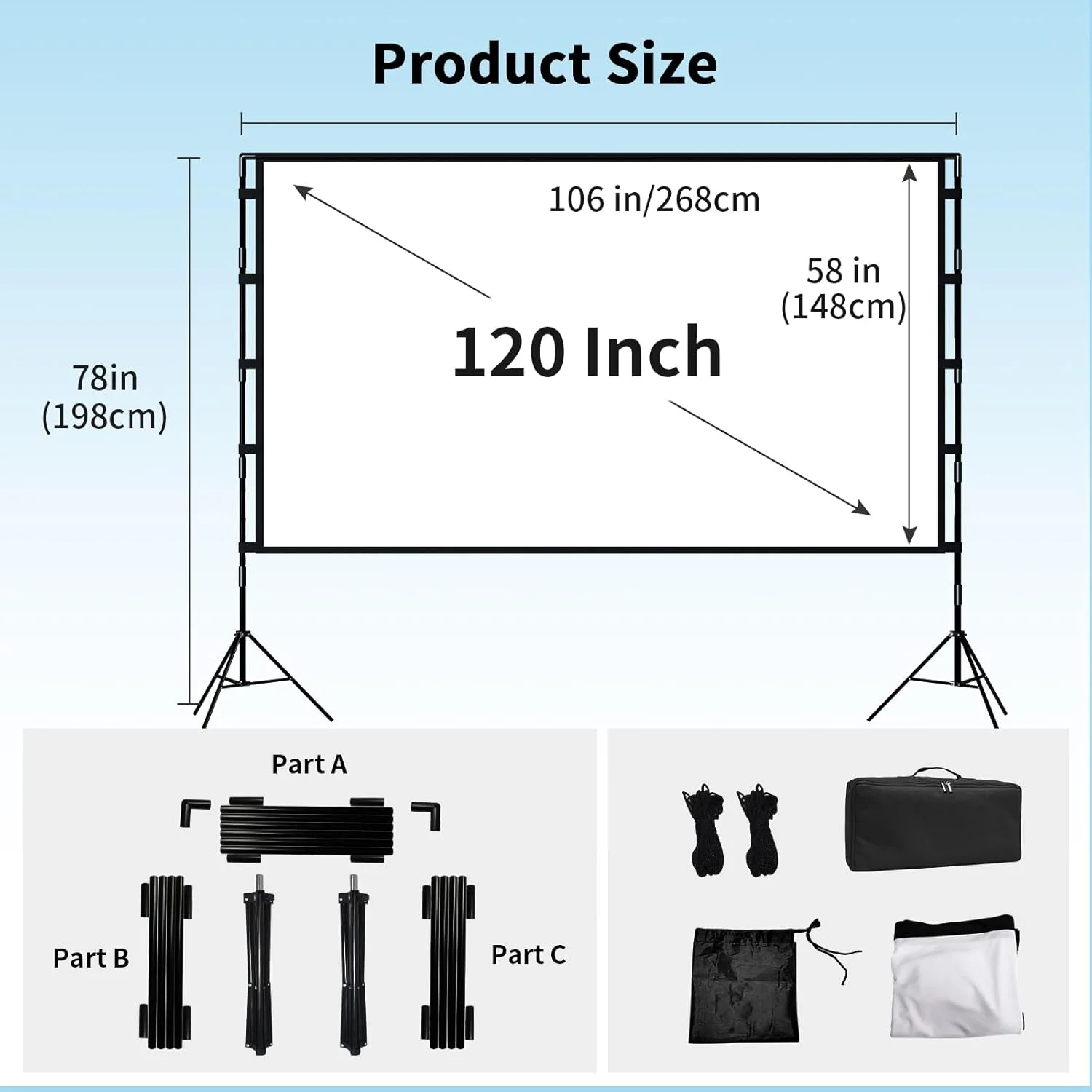 پرده نمایش پروژکتور با پایه، پرده نمایش قابل حمل 16:9 4K HD با کیف حمل برای سینمای خانگی داخلی و خارجی، حیاط خلوت، مسافرت