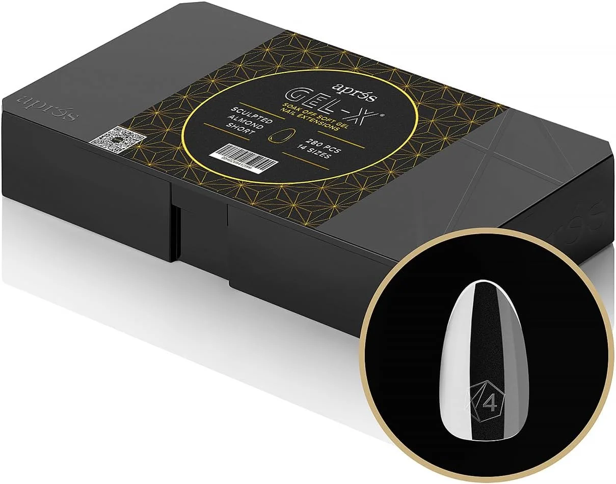 باکس تیپ ناخن بادامی Aprés Gel-X® | ۲۸۰ عدد تیپ ژل-ایکس، تیپ نرم، ۱۴ سایز ۰۰-۹ | شامل سایزهای نیمه (بادامی کوتاه فرم داده شده، ۲۸۰ عدد)