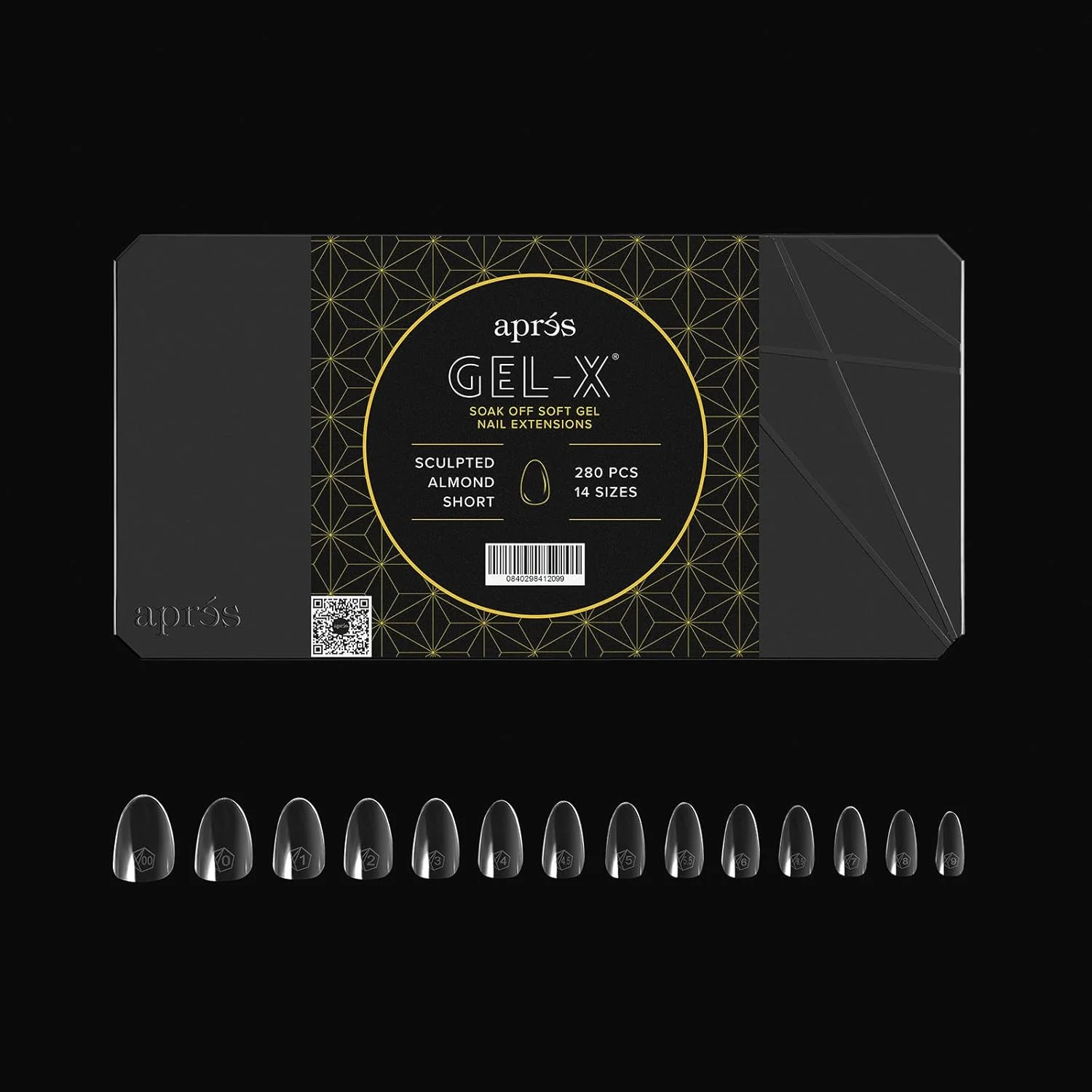 باکس تیپ ناخن بادامی Aprés Gel-X® | ۲۸۰ عدد تیپ ژل-ایکس، تیپ نرم، ۱۴ سایز ۰۰-۹ | شامل سایزهای نیمه (بادامی کوتاه فرم داده شده، ۲۸۰ عدد)