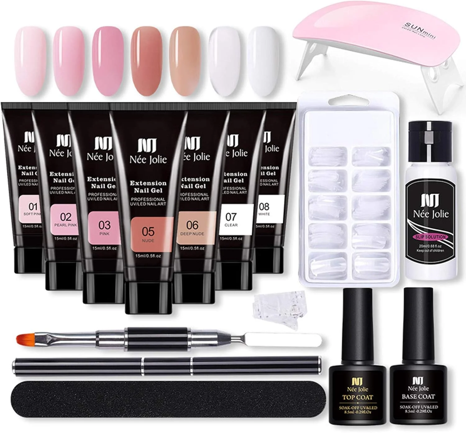 کیت ژل اکستنشن ناخن Fawoonu، کیت ژل اکستنشن ناخن Nee Jolie 15ml با مینی لامپ ناخن، ژل های اکستنشن UV، برس، تیپ های ناخن مصنوعی، گیره تیپ های اکستنشن ناخن، بیس کت و تاپ کت برای کیت مبتدی هنر ناخن