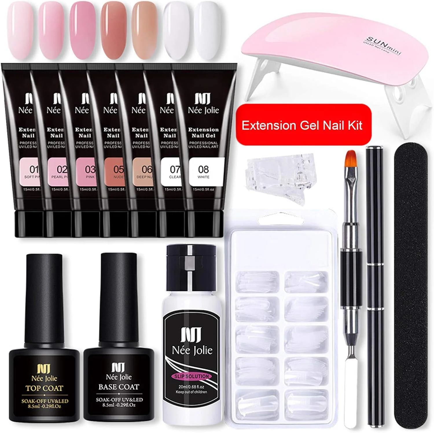کیت ژل اکستنشن ناخن Fawoonu، کیت ژل اکستنشن ناخن Nee Jolie 15ml با مینی لامپ ناخن، ژل های اکستنشن UV، برس، تیپ های ناخن مصنوعی، گیره تیپ های اکستنشن ناخن، بیس کت و تاپ کت برای کیت مبتدی هنر ناخن