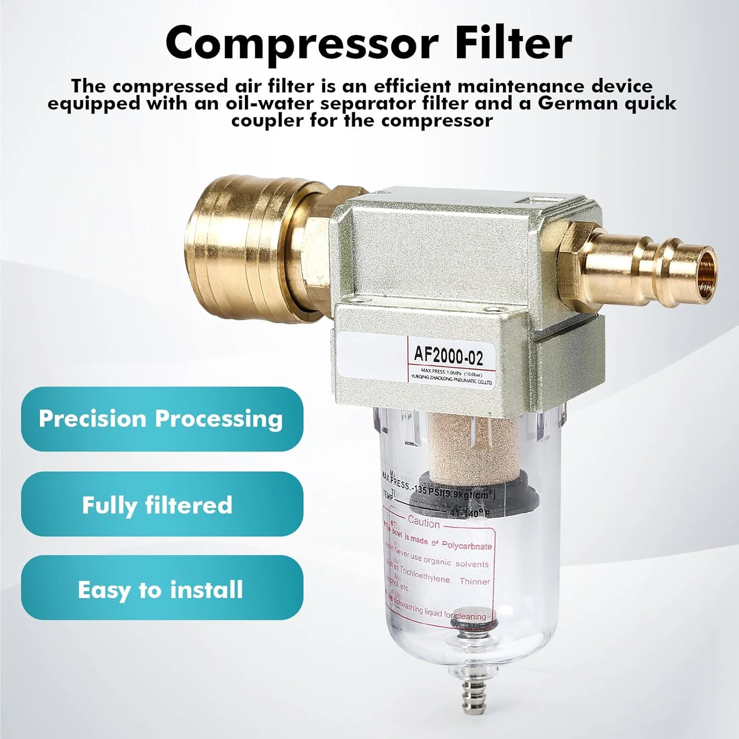 فیلتر هوای فشرده 1/4 اینچ، جداکننده روغن و آب مسی + پلی کربنات با اتصال سریع آلمانی، برای فیلتر کمپرسور آزمایشگاه آموزشی