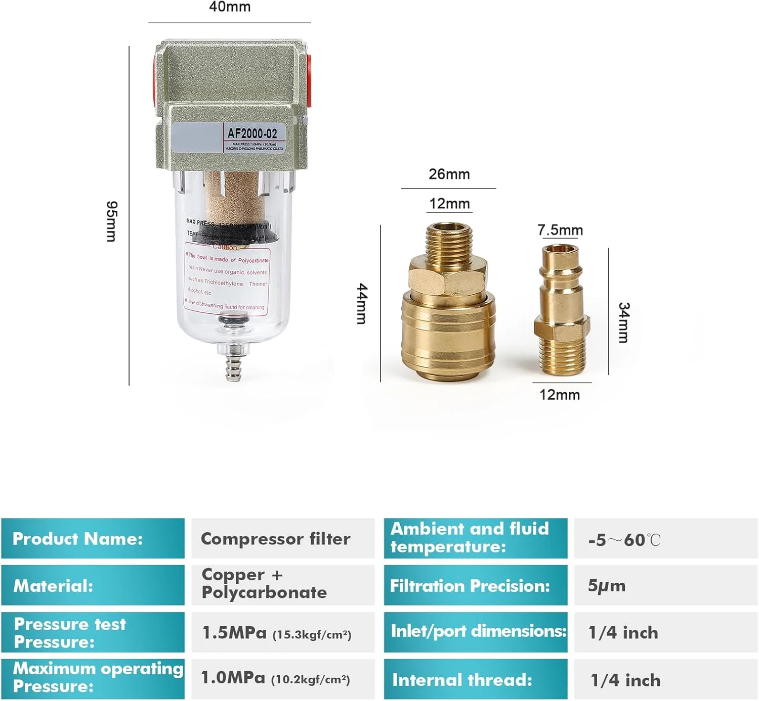 فیلتر هوای فشرده 1/4 اینچ، جداکننده روغن و آب مسی + پلی کربنات با اتصال سریع آلمانی، برای فیلتر کمپرسور آزمایشگاه آموزشی