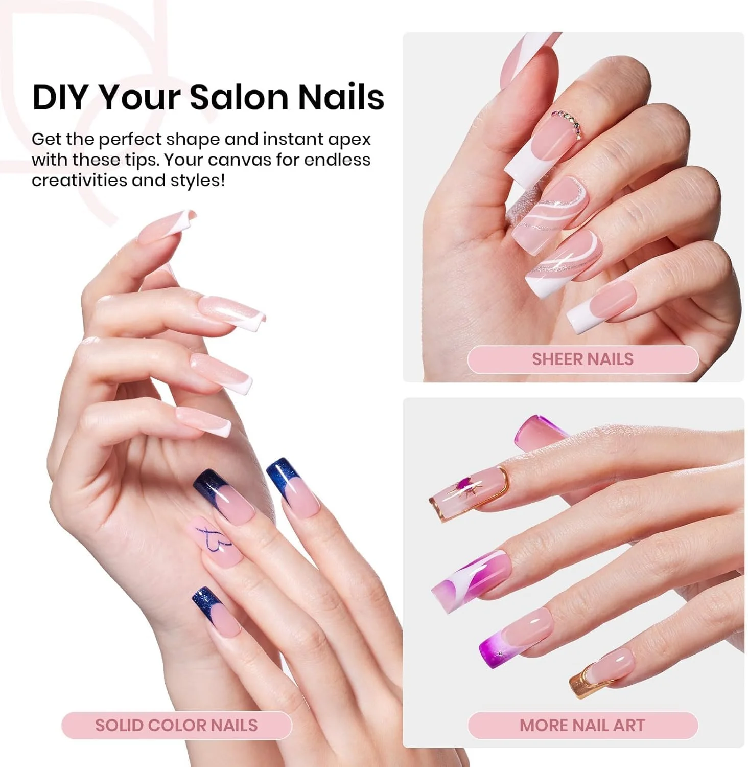 ست ناخن مصنوعی Beetles Tipex، مربعی متوسط 224 عددی 16 سایز به همراه چسب ناخن و مینی لامپ