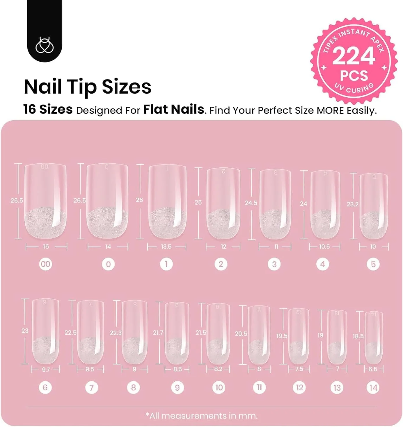 ست ناخن مصنوعی Beetles Tipex، مربعی متوسط 224 عددی 16 سایز به همراه چسب ناخن و مینی لامپ