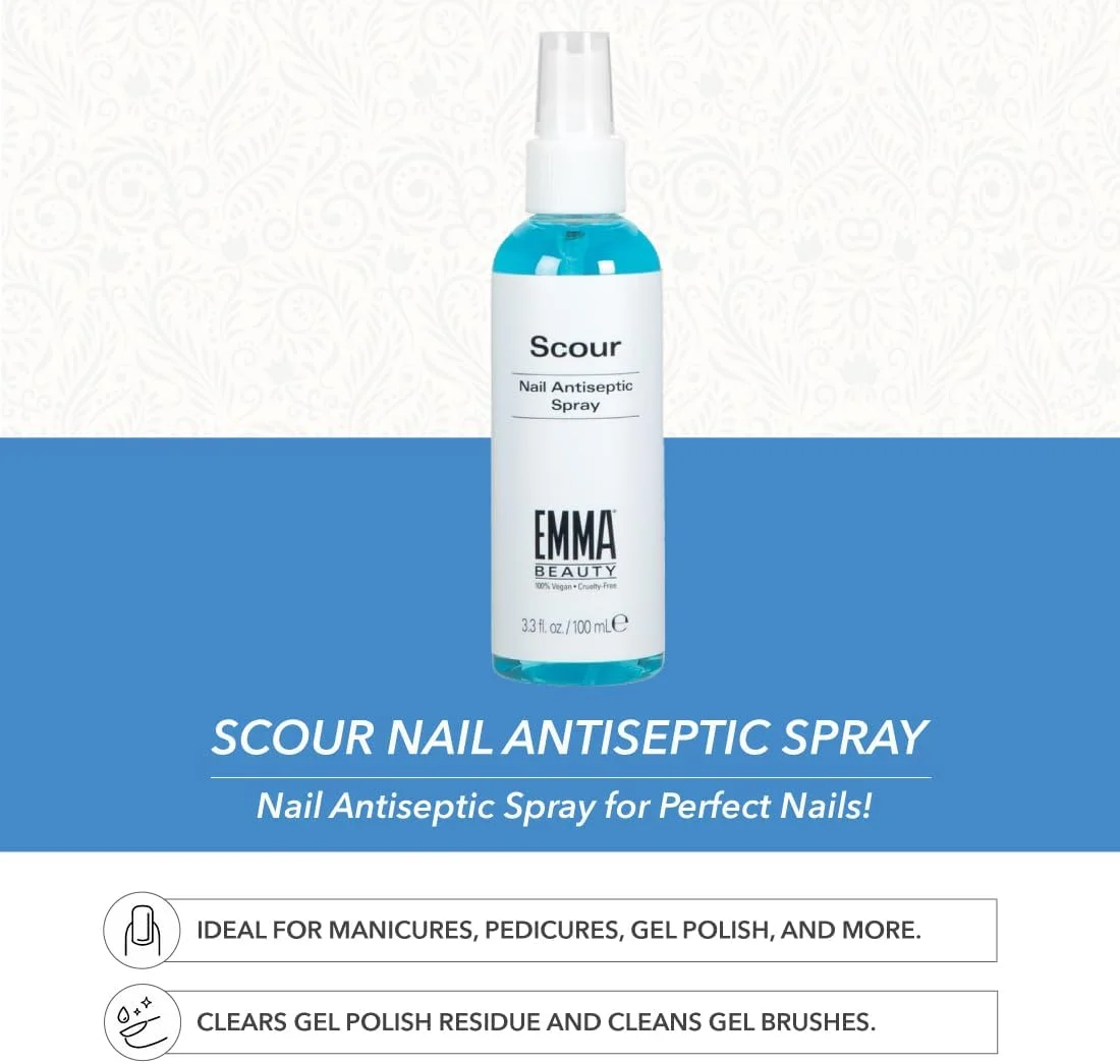 اسپری ضدعفونی کننده ناخن EMMA Beauty Scour، پاک کننده سطح ناخن و محلول تمیز کننده، فرمول 12+ Free، 100% گیاهی و بدون تست حیوانی، 100 میلی لیتر