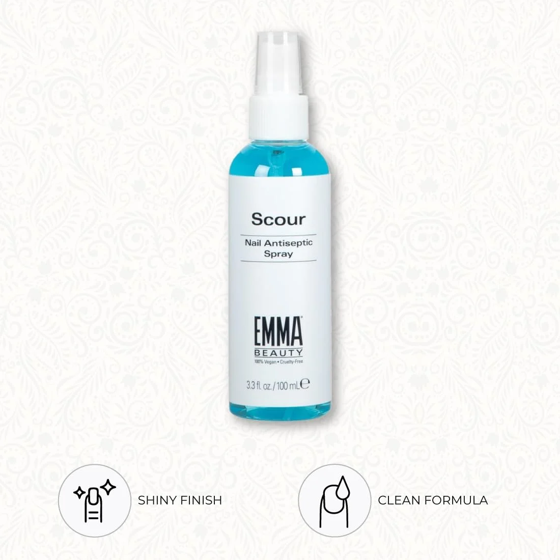 اسپری ضدعفونی کننده ناخن EMMA Beauty Scour، پاک کننده سطح ناخن و محلول تمیز کننده، فرمول 12+ Free، 100% گیاهی و بدون تست حیوانی، 100 میلی لیتر