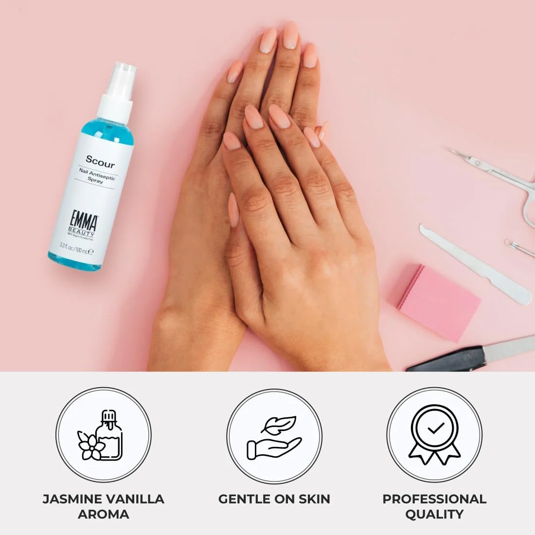 اسپری ضدعفونی کننده ناخن EMMA Beauty Scour، پاک کننده سطح ناخن و محلول تمیز کننده، فرمول 12+ Free، 100% گیاهی و بدون تست حیوانی، 100 میلی لیتر