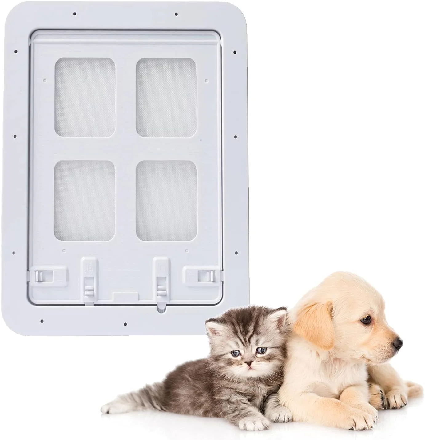 درب توری برای سگ ها و گربه های کوچک - 29cm x 24cm / 11.5”x9.5” دریچه گربه سگ با قفل 4 طرفه، دریچه بزرگ درب حیوانات خانگی با دور (سفید، S)