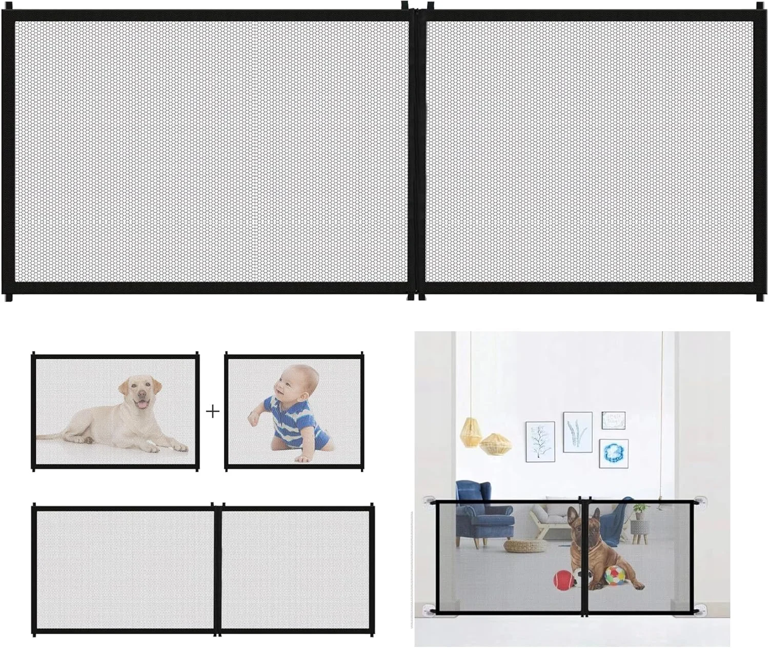 دروازه ایمنی پله سگ، دروازه ایمنی درب سگ بدون نیاز به سوراخکاری، دروازه درب قابل جابجایی سگ 180 x 72 سانتی متر، مانع سگ، دروازه درب سگ برای حیوانات خانگی گربه ها نوزادان، مشکی، بسته 1 عددی