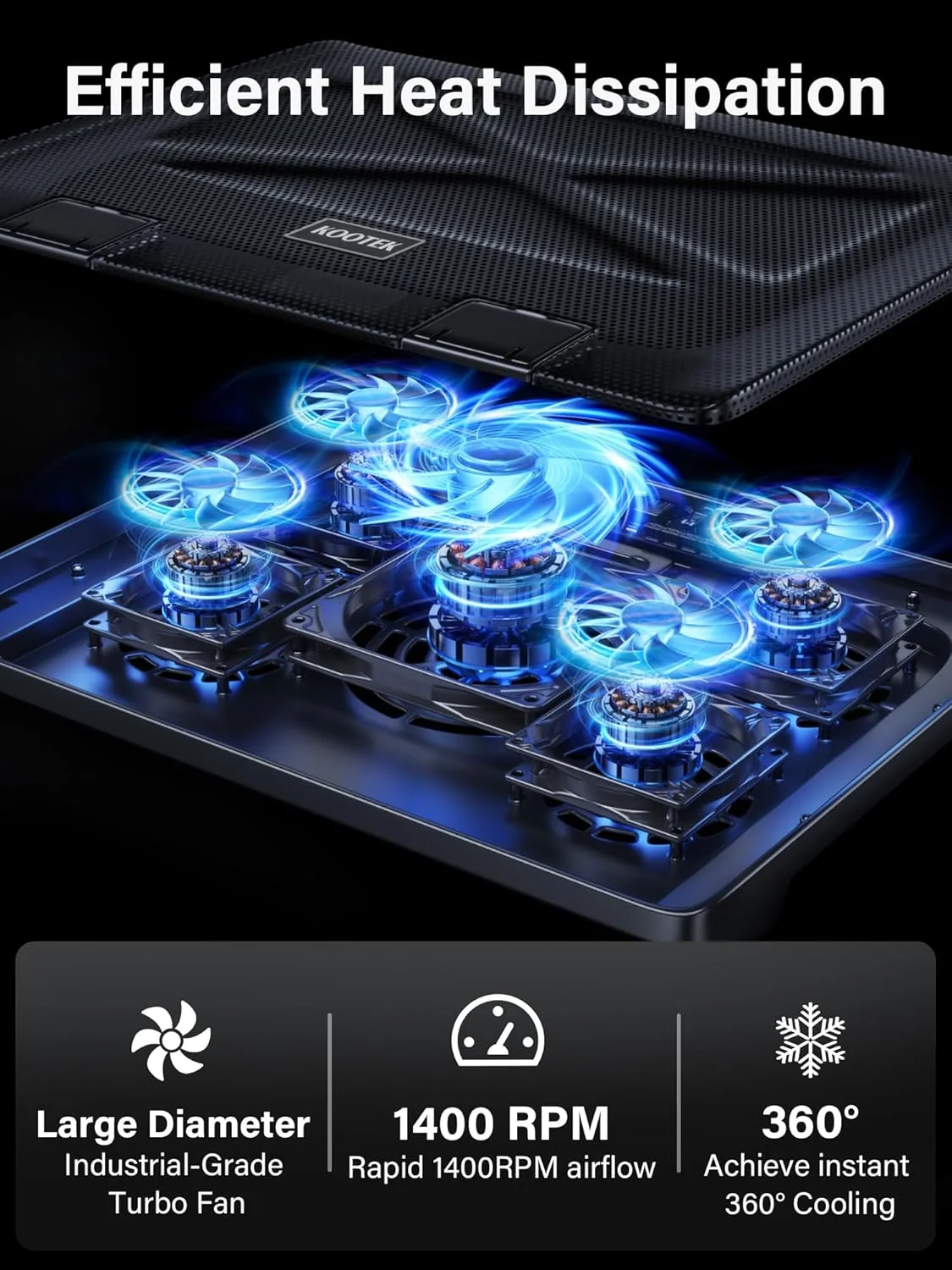 پایه خنک کننده لپ تاپ Kootek، خنک کننده لپ تاپ با 5 فن بی صدا برای کامپیوتر، نوت بوک، فن لپ تاپ، پایه خنک کننده لپ تاپ با قابلیت تنظیم ارتفاع، لوازم جانبی لپ تاپ، آبی