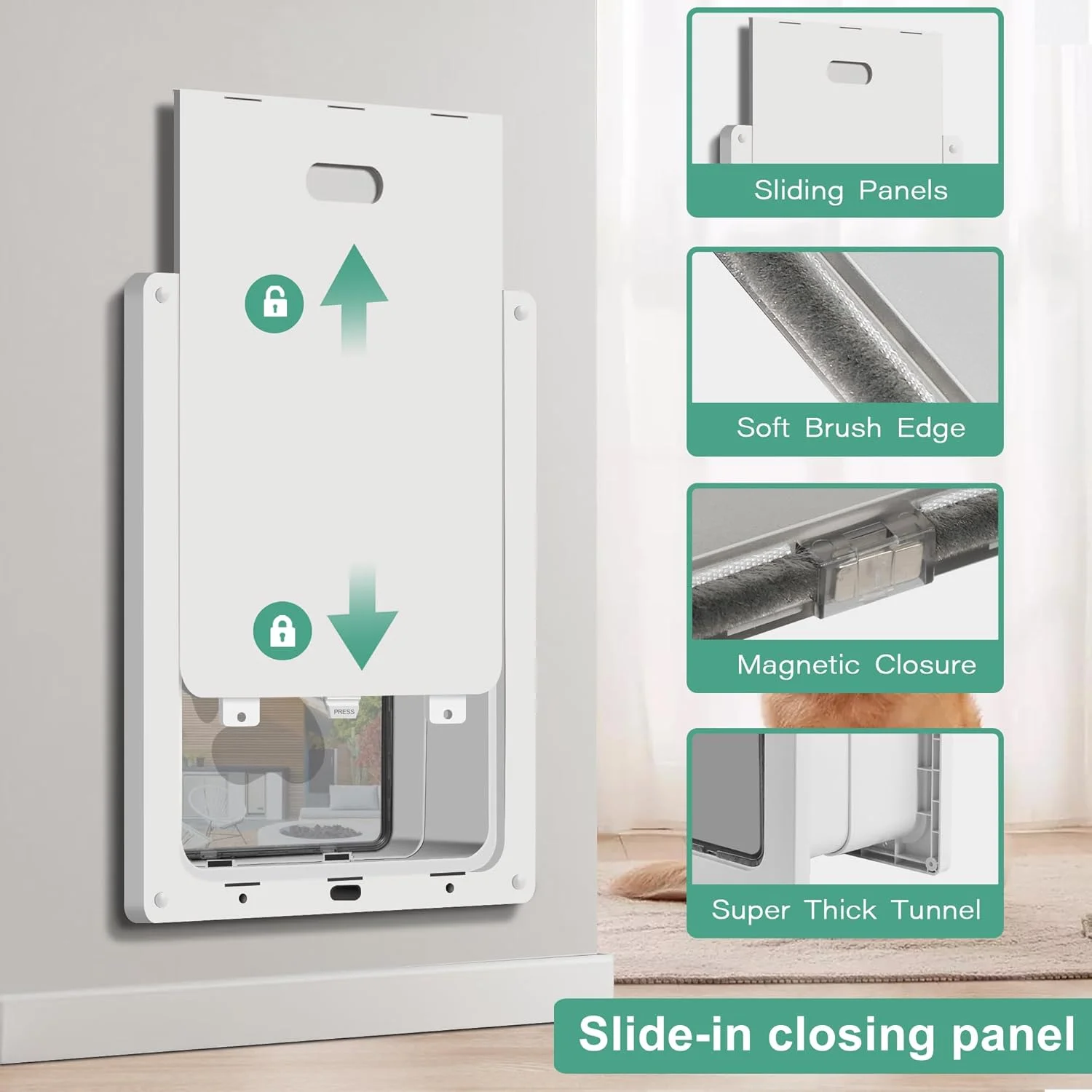 درب حیوانات خانگی ایکوسو ضد زنگ برای دیوار، تونل قابل تنظیم 8-3/1 اینچ، درب ضد آب و هوا برای گربه ها و سگ ها، فلپ مغناطیسی با عایق، قوی و بادوام، دارای پنل بستن کشویی (بزرگ)