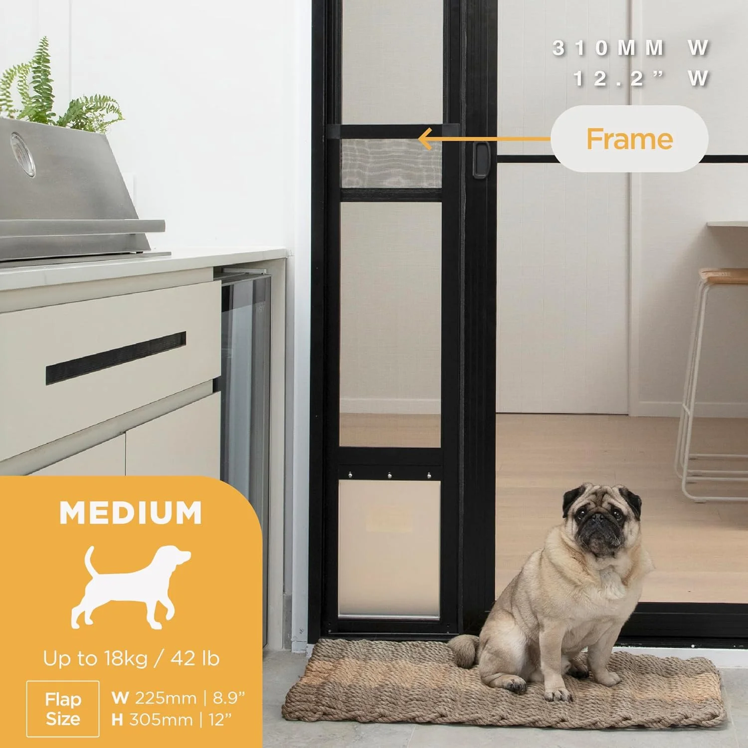 درب حیوانات خانگی مدل V2 مناسب پاسیو و درب‌های کشویی، قابل تنظیم ارتفاع از 150 تا 214 سانتی‌متر، توری مقاوم در برابر اشعه UV، درب مغناطیسی قفل‌دار، نصب و جداسازی آسان، سایز متوسط، مشکی